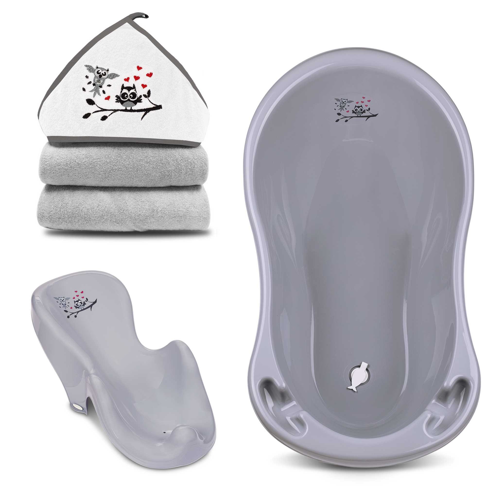 Babykajo Babybadewanne, (Set, 3-tlg), Baby Wanne, Wanneneinsatz, Kapuzenhandtuch Eule grau