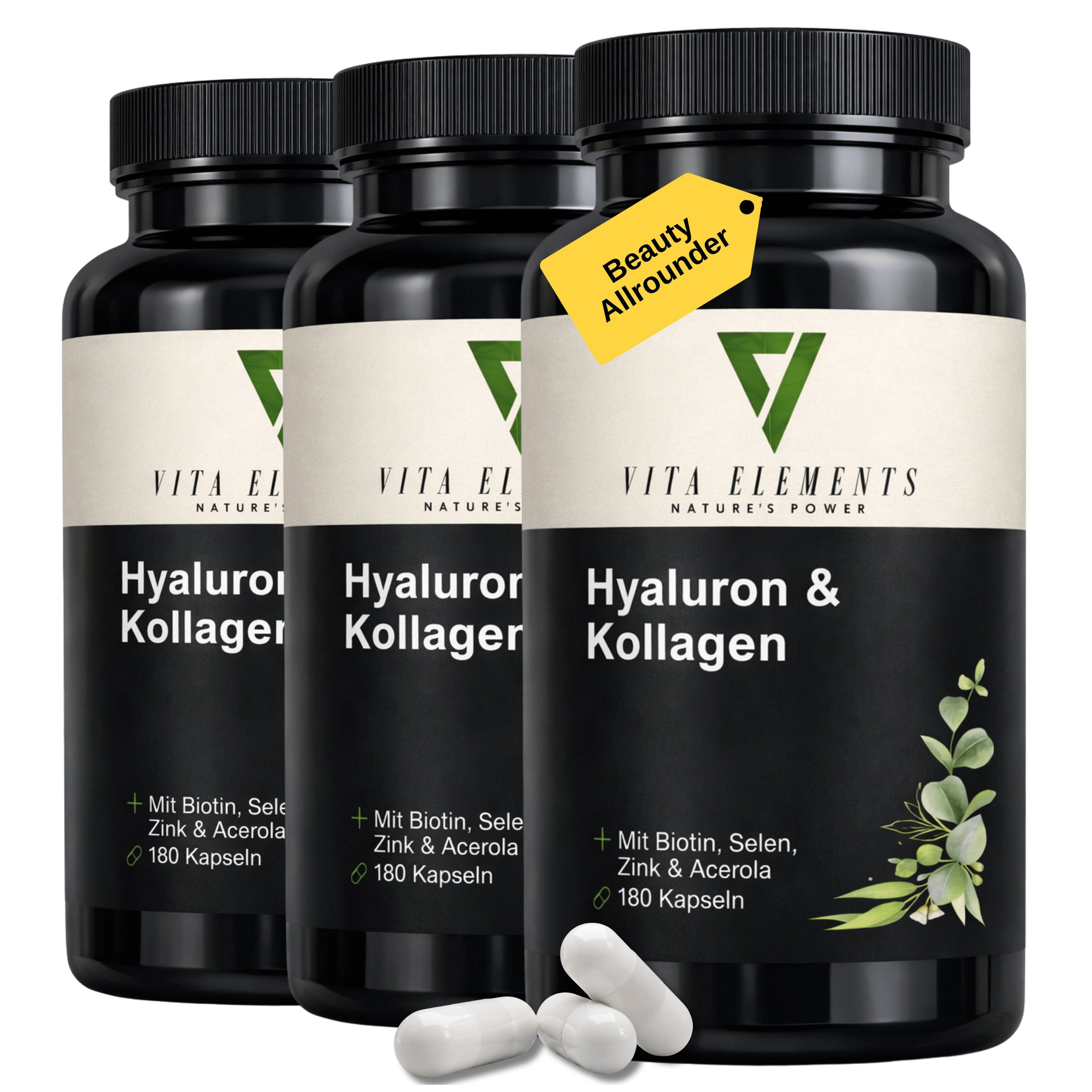 Vita Elements 3er Set Hyaluron & Kollagen Komplex Kapseln, 540 Stk. Hochdosiert & Bioverfügbar Frei von Gentechnik Laborgeprüft