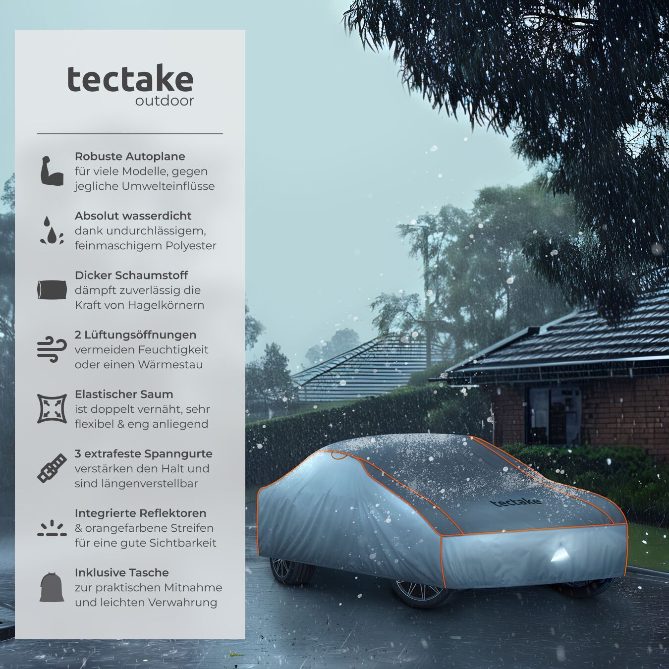 tectake Hagelschutzplane Autoplane wasserdicht und atmungsaktiv, mit 4 mm Schaumstoffschicht, inklusive Aufbewahrungstasche