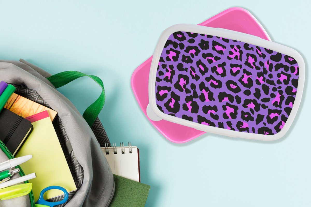 Kunststoff MuchoWow Lunchbox Kinder, Brotdose Kunststoff, Pantherdruck - Erwachsene, Rosa Neon, - Lila Brotbox - (2-tlg), für Mädchen, Snackbox,