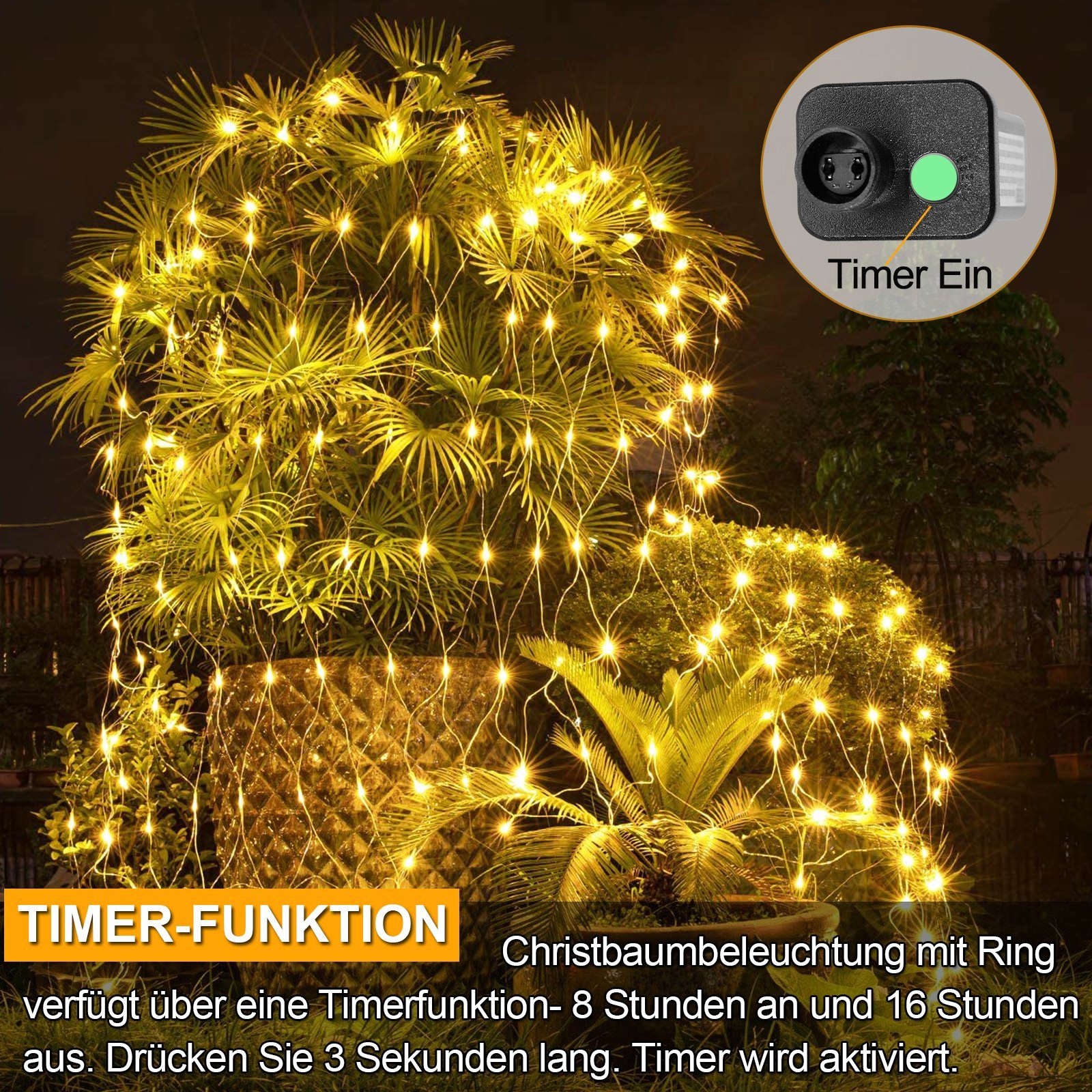 Urlaubsdekoration für Gartenzäune Rosnek 8 Timer, für wasserdicht; LED-Lichternetz Hochzeit Speicherfunktion; 200-flammig, Weihnachtsfeier, 2x3/4x6M, modi,