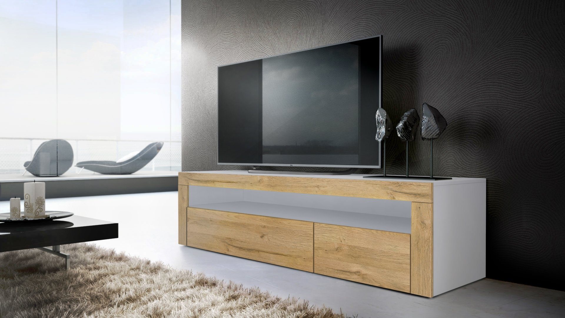 Vladon Wohnwand Berlin, (Wohnzimmer-Set, bestehend aus 1 TV Board und 1 Couchtisch), Weiß matt/Eiche Natur