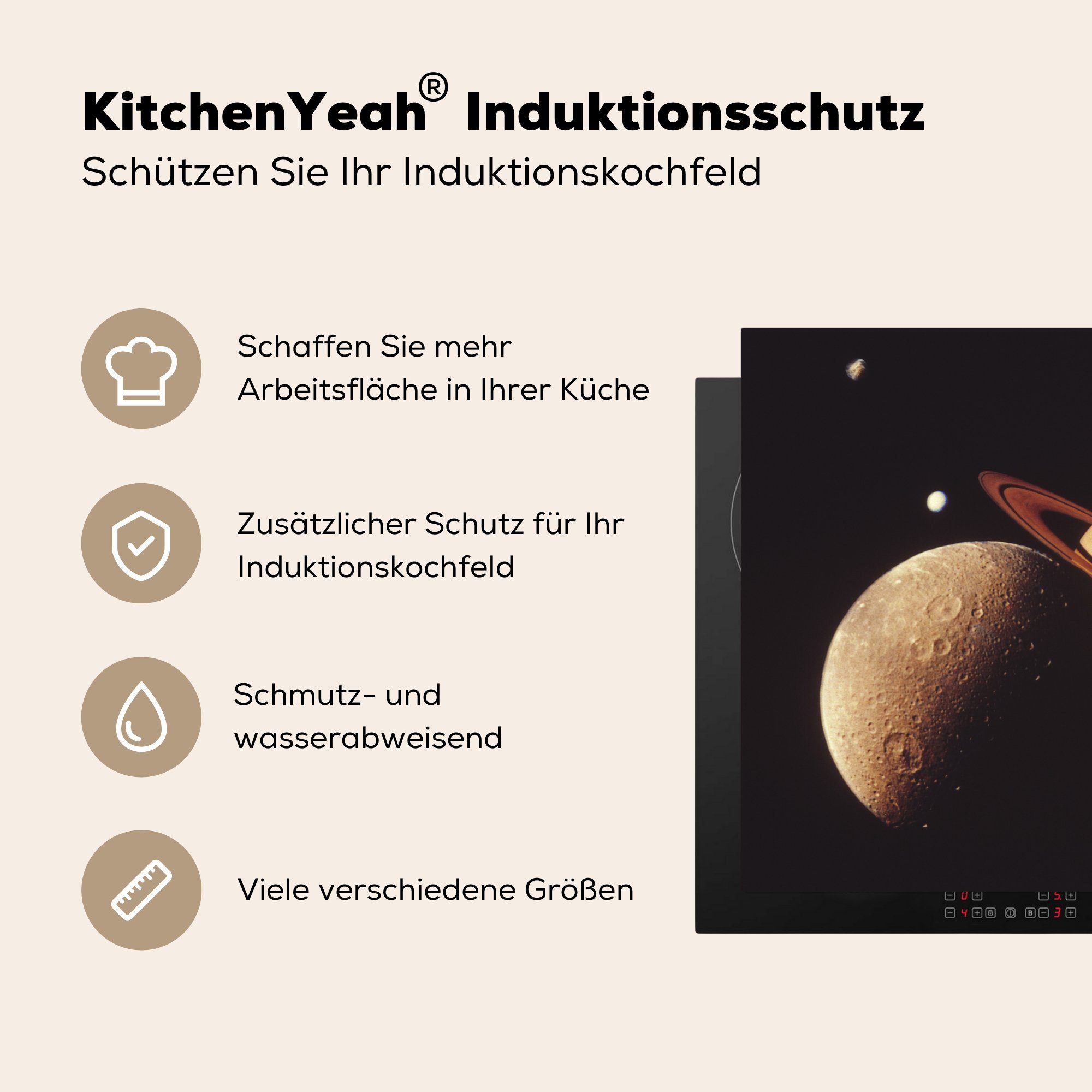 Vinyl, Schutz tlg), 71x52 Herdblende-/Abdeckplatte Saturn cm, (1 Monden, MuchoWow küche, Ceranfeldabdeckung mit die für Induktionskochfeld