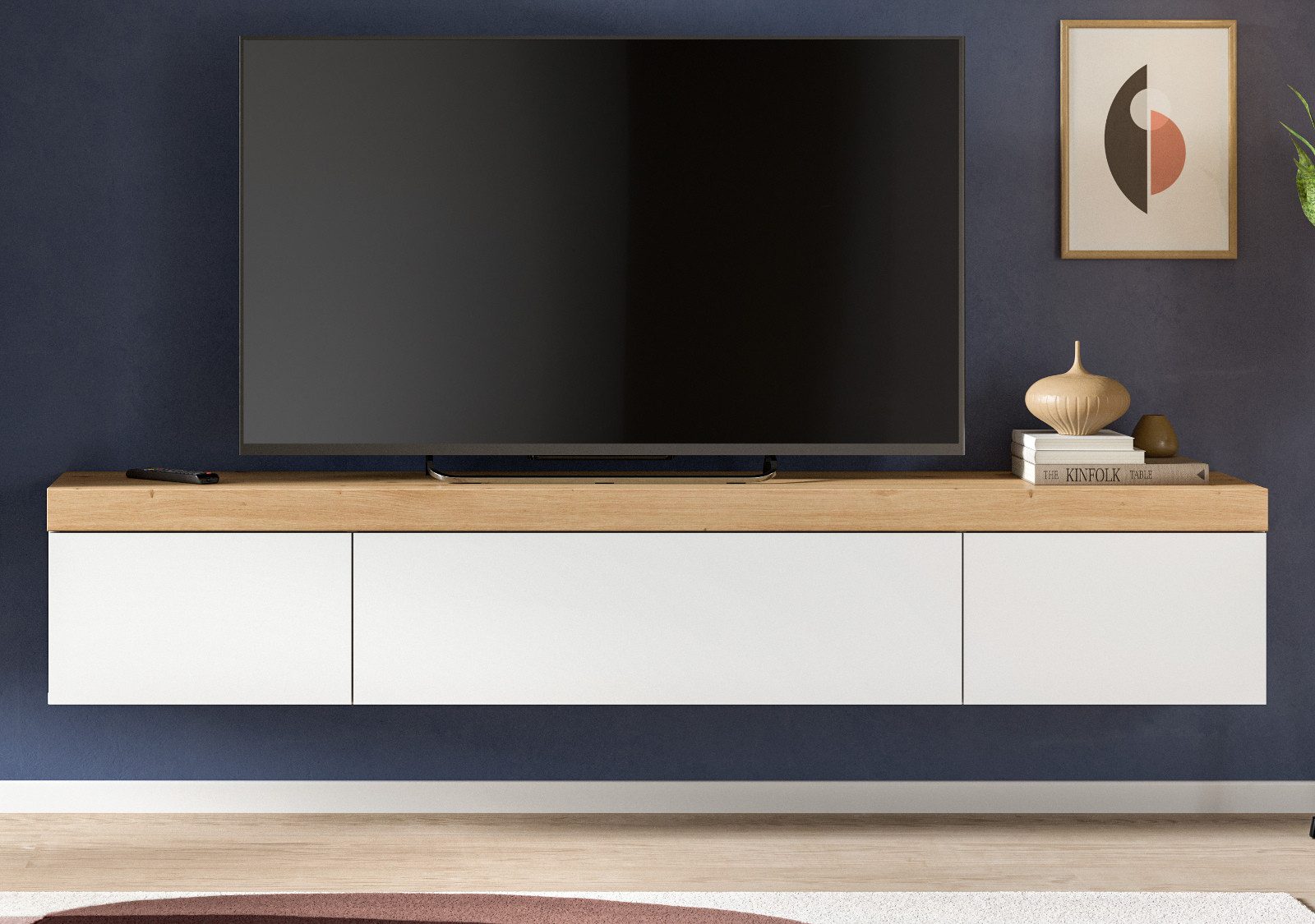 Inn.Furn Lowboard Siena (TV Unterschrank in weiß mit Eiche, hängend / stehend, Breite 180 cm), mit Push-To-Open und Soft-Close