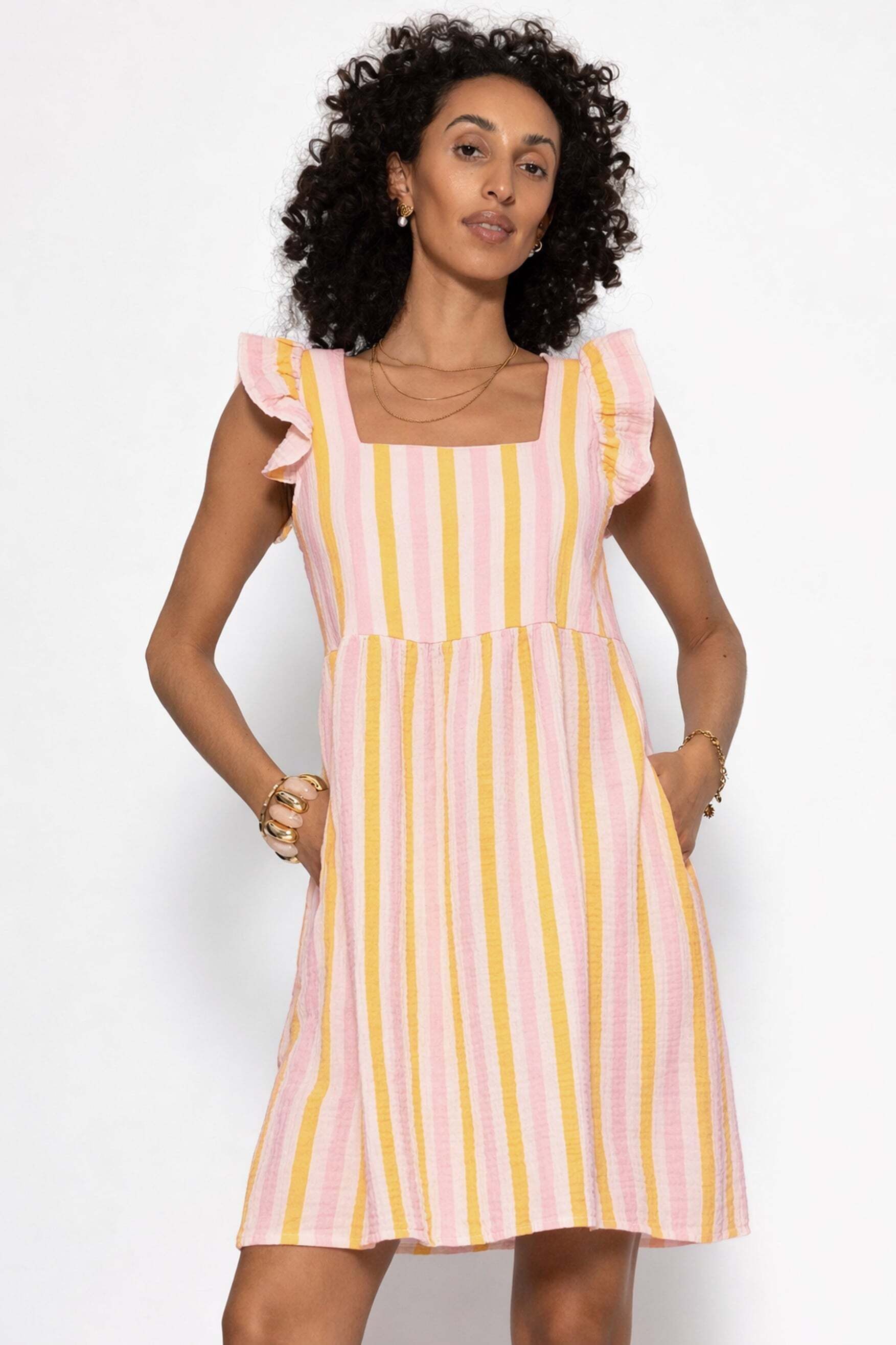 SASSYCLASSY Minikleid Gestreiftes Musselinkleid Damen Kleid aus Musselin im Streifenmuster mit Rüschenärmel – Bild 4 von 5