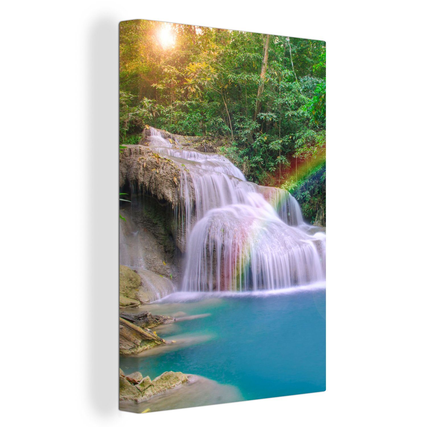 OneMillionCanvasses® Leinwandbild Regenbogen - Sonne - Wasserfall - Natur, Fotodruck (1 St), Leinwand Canvas Wandbild, Wanddekoration 20x30 cm