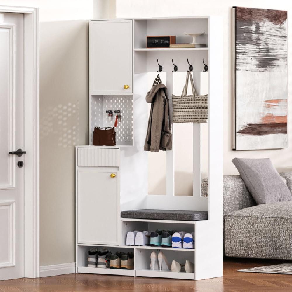 BBWL Garderobenschrank Garderobenset mit Sitzbank und Stauraum – Flurgarderobe mit 4 Haken Türen, Schubladen & Lochwand, MDF, 100x180x35 cm