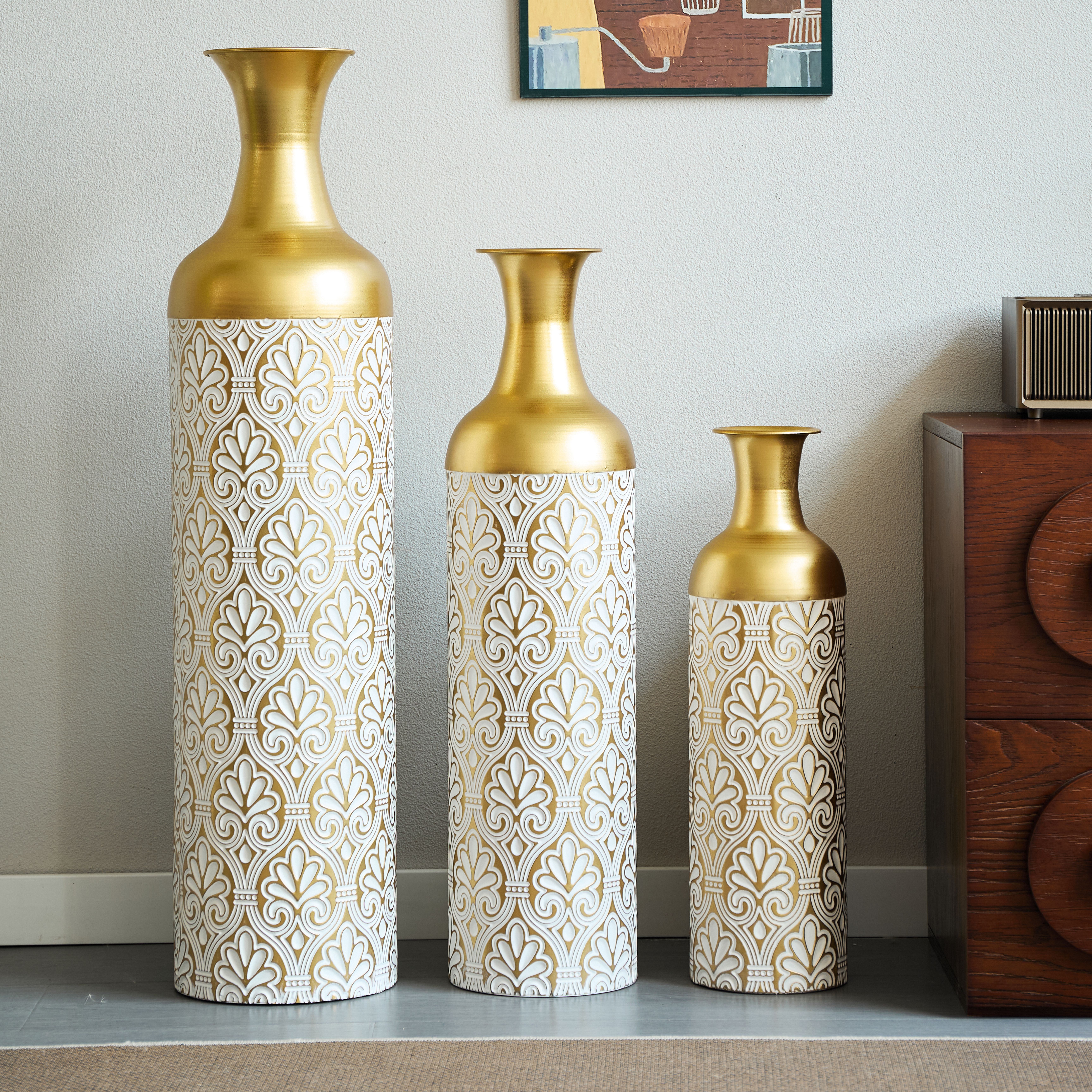 BlingBin Bodenvase Deko-Bodenvase, 83/65/50 cm Hohes Metall-Set Dekovase (3er Set, 3 St., Groß: 20*20*83CM/Mittel: 17*17*65CM/Klein: 14*14*50CM), Dekorative Vase für Wohnzimmer, Flur und Schlafzimmer, Weiß+Gold