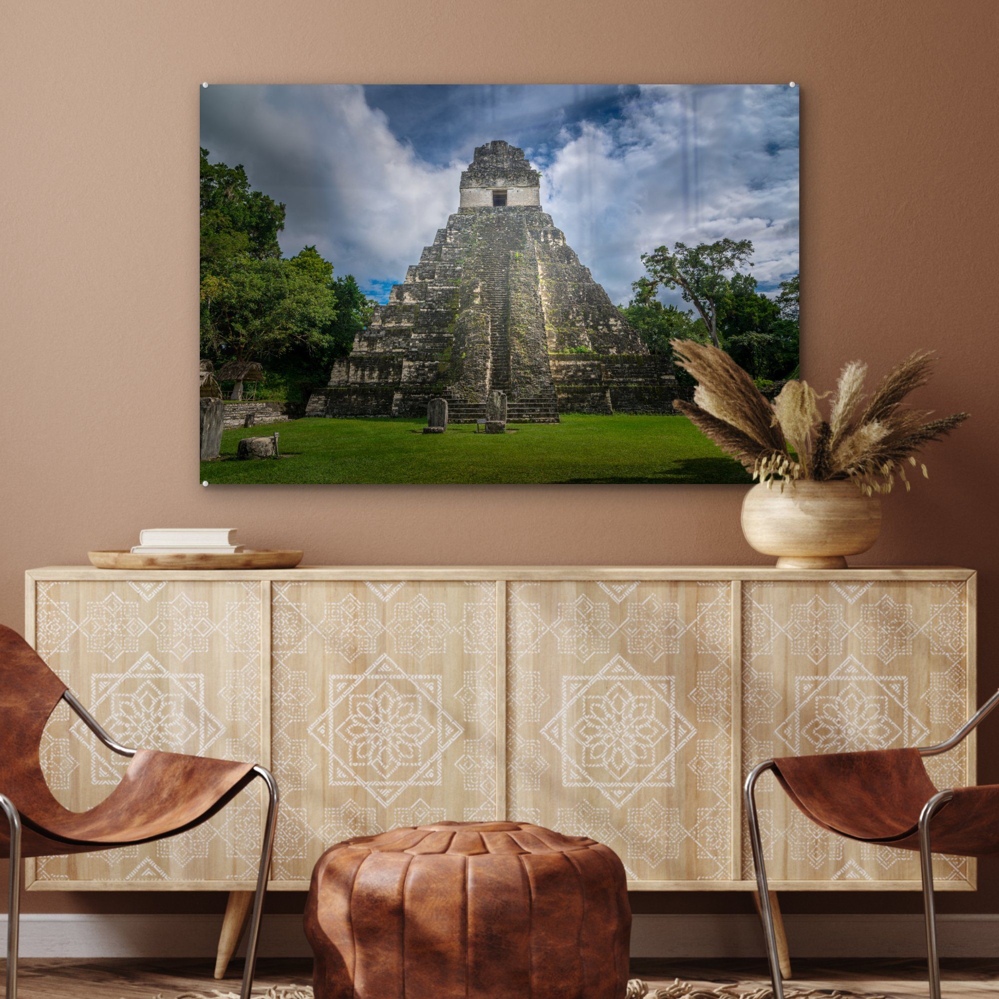 der Tikal Guatemala, Frontansicht St), in Wohnzimmer von & Acrylglasbild Schlafzimmer MuchoWow großen Acrylglasbilder (1 Pyramide