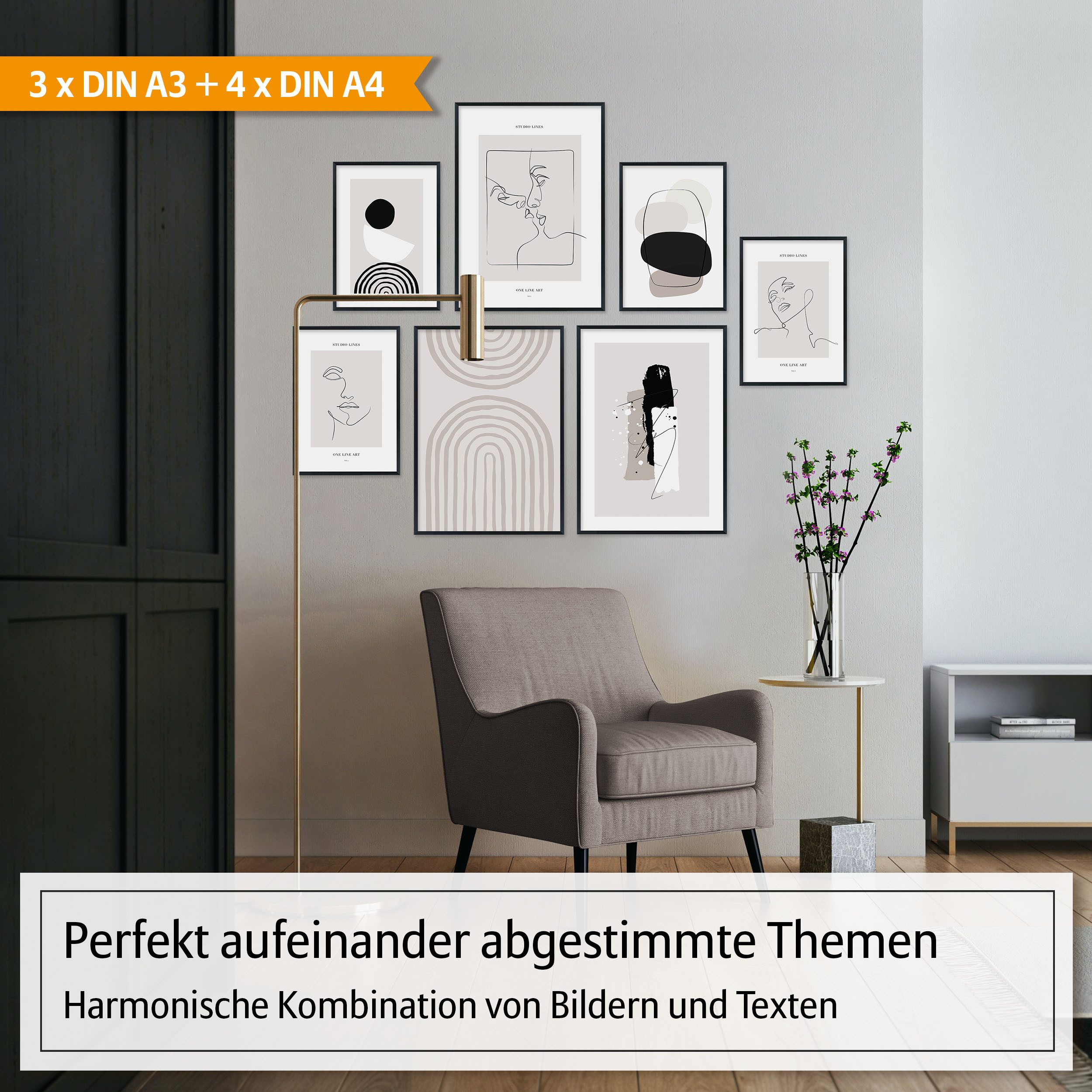Hyggelig Home Poster Line Art, Premium Poster Set OHNE & MIT Rahmen - Wandbild schwarz weiß, Linien (Set, 7 St), Collage Gesichter Qualitätsdruck auf dickem Papier