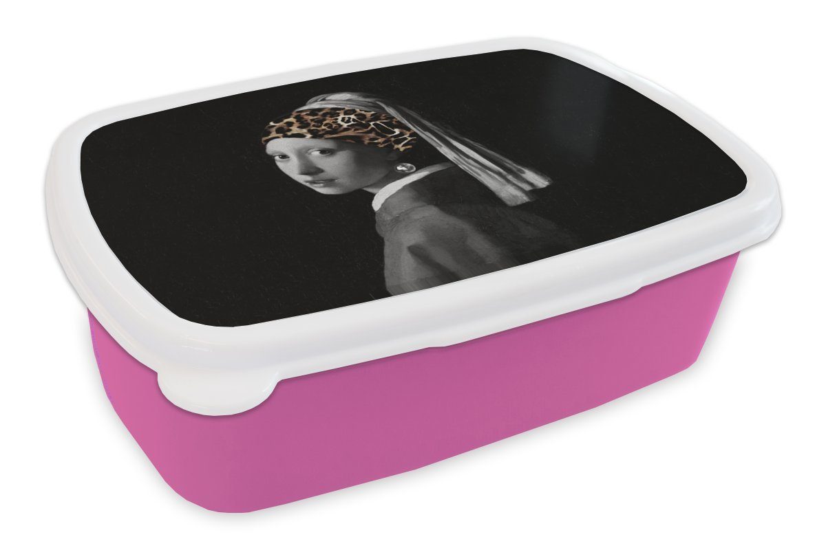 MuchoWow Lunchbox Girl with a Pearl Earring - Stirnband - Pantherdruck, Kunststoff, (2-tlg), Brotbox für Erwachsene, Brotdose Kinder, Snackbox, Mädchen, Kunststoff rosa