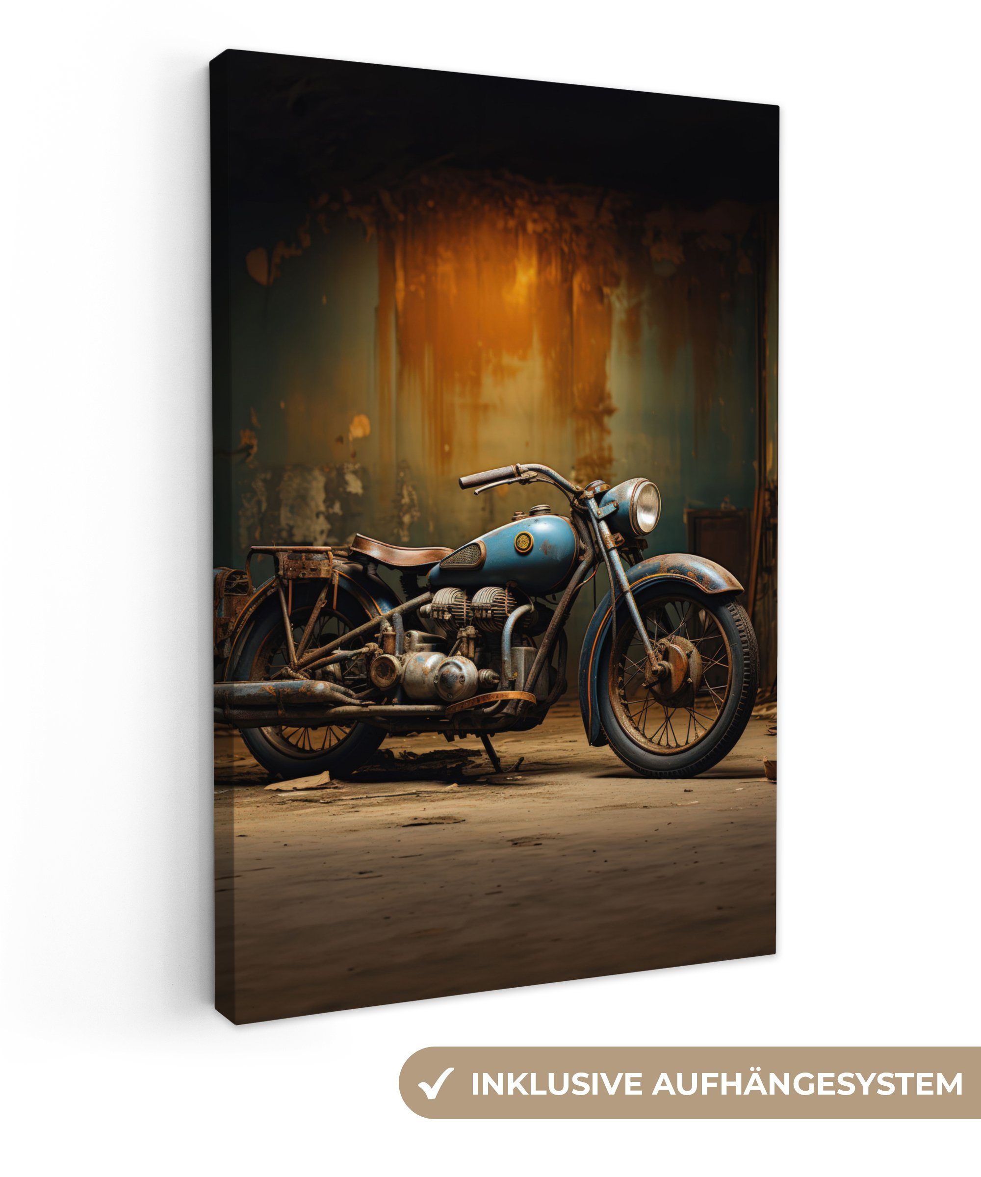 OneMillionCanvasses® Leinwandbild Vintage - Motorrad - Blau - Alt - Garage, günstig online kaufen