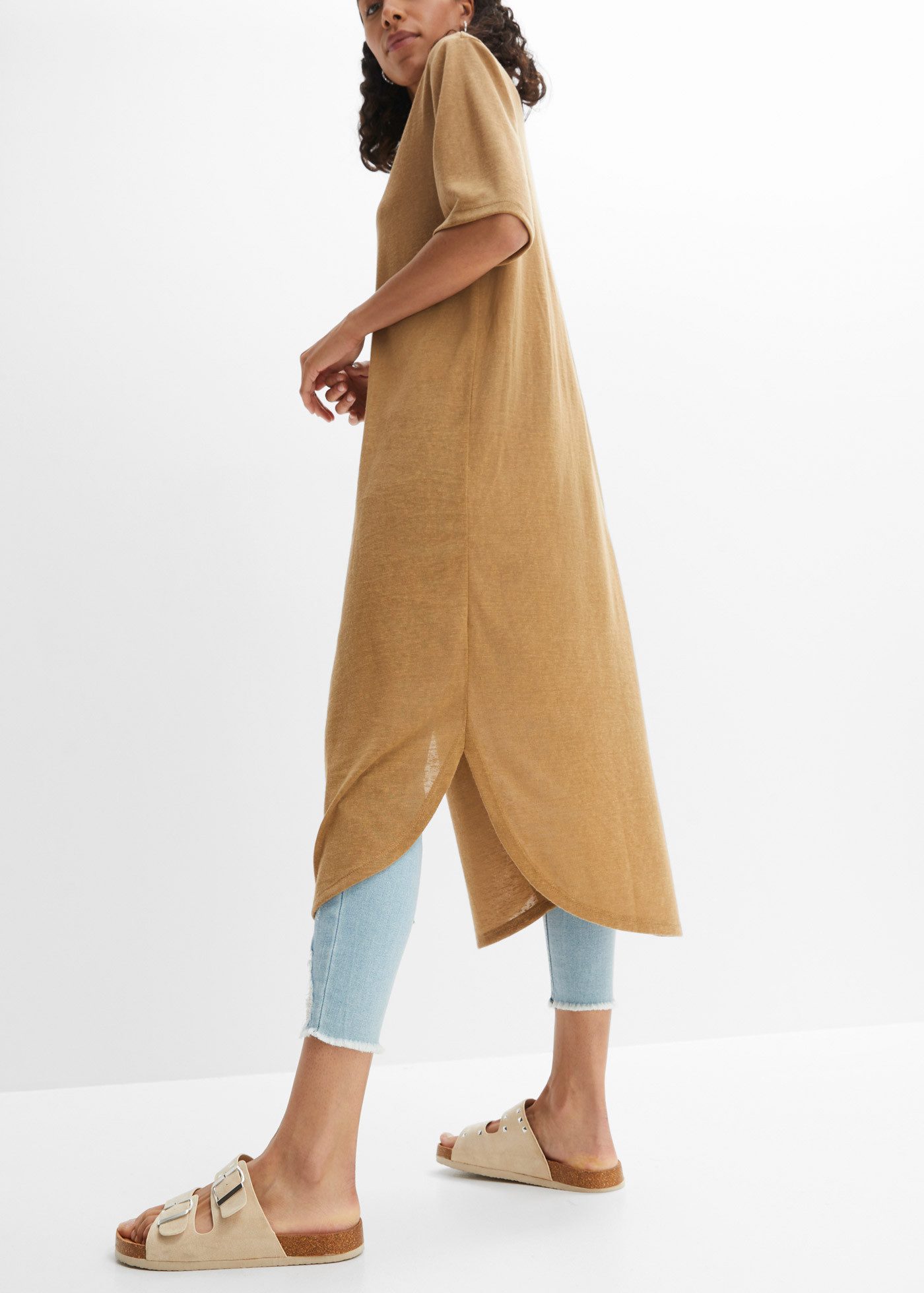 bonprix Strickmantel Halbarm-Ärmel, offenes Design mit 1-Knopfverschluss, in Leinenoptik