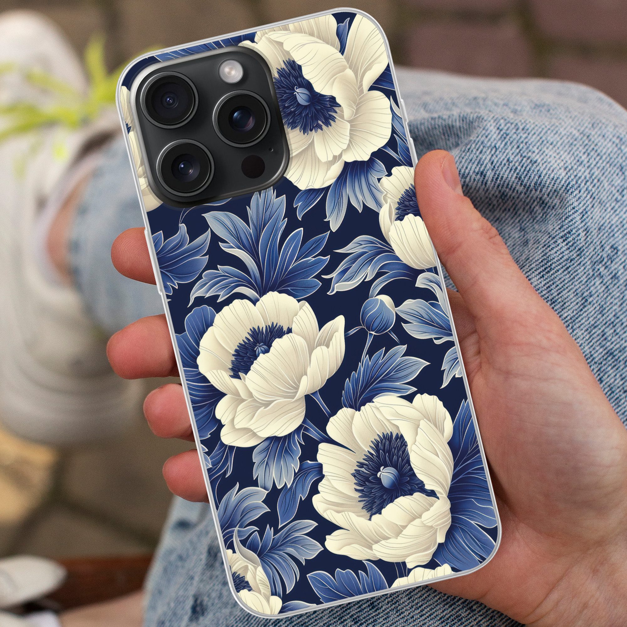 MuchoWow Handyhülle für Apple iPhone 15 Pro Max Blumen - Muster - Blau - Weiß, Smartphone-Bumper, Print, Handy Schutzhülle Dünn