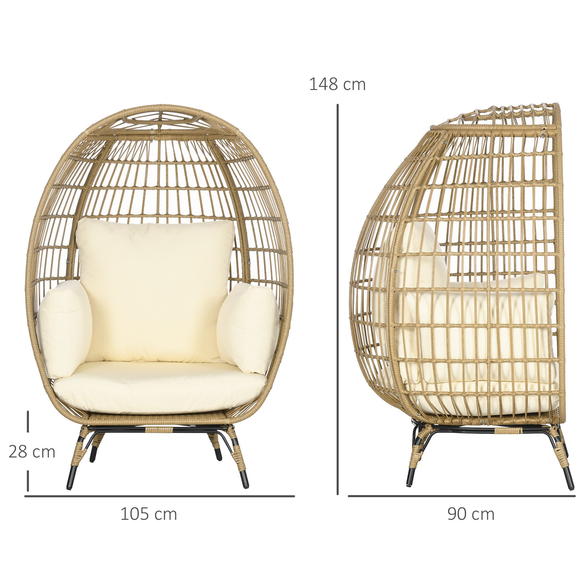 Outsunny Rattanstuhl Rattansessel in Korbform, Erhöhter Gartensessel, Balkon, Terrasse (Rattansessel, 1 St), Metall, Khaki, 105 x 90 x 148 cm – Bild 3 von 5