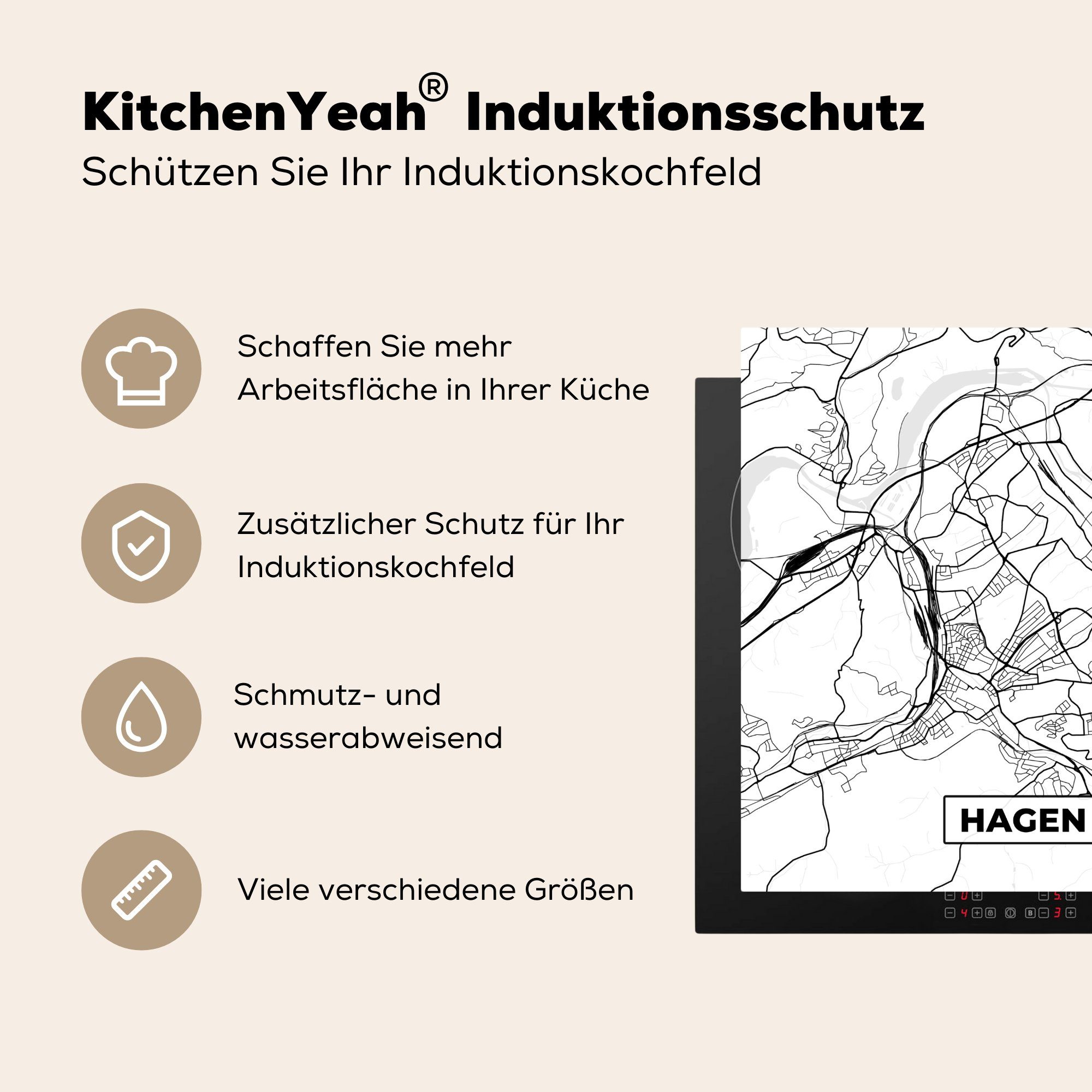 MuchoWow Herdblende-/Abdeckplatte Hagen - Vinyl, cm, (1 für küche Arbeitsplatte - Stadtplan Karte, tlg), Ceranfeldabdeckung, 78x78 Karte 