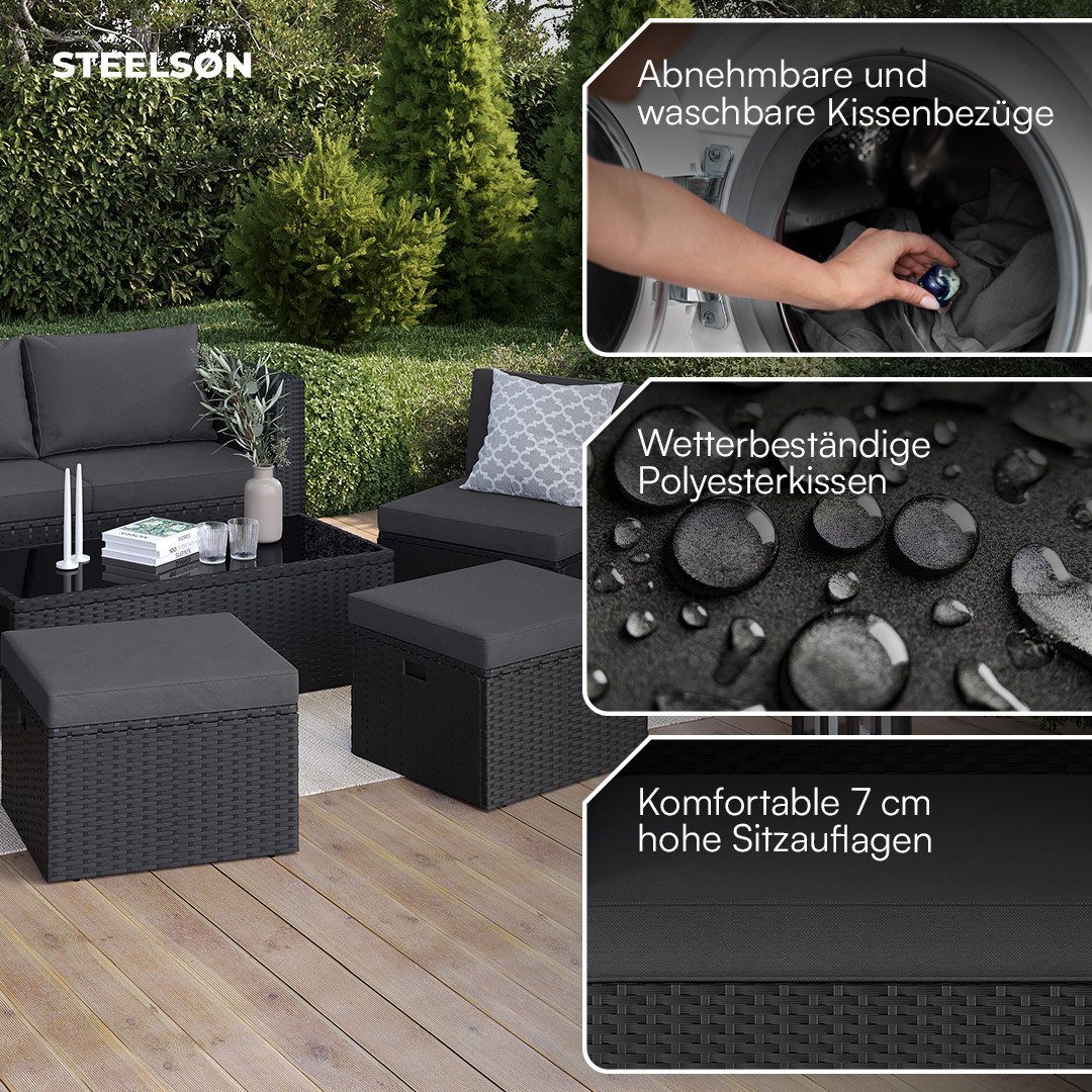 STEELSØN Gartenlounge-Set Noctura mit Sofa, 2 Sesseln, 2 Sitzhocker & Tisch, (schwarz/anthrazit, Polyrattan/Metall), Outdoor Sitzgruppe, für 6 Personen, wetterfest, inkl. Kissen & Polster