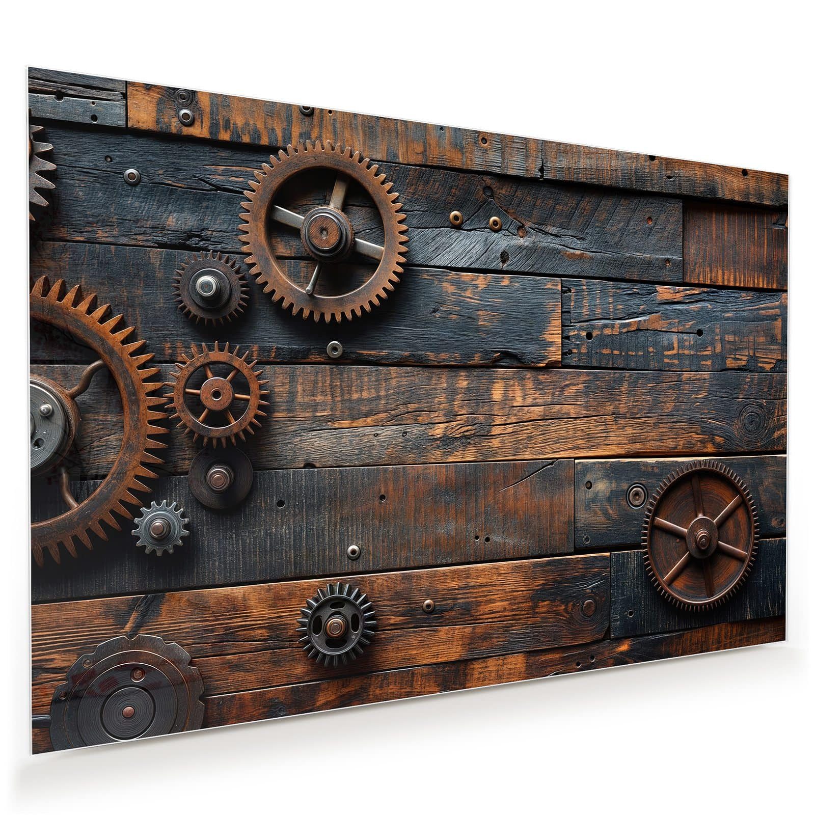Primedeco Glasbild Wandbild Holz und Zahnräder mit Aufhängung, Holz (21 verschiedene Größen, 1 St), Elegante Aufhängung