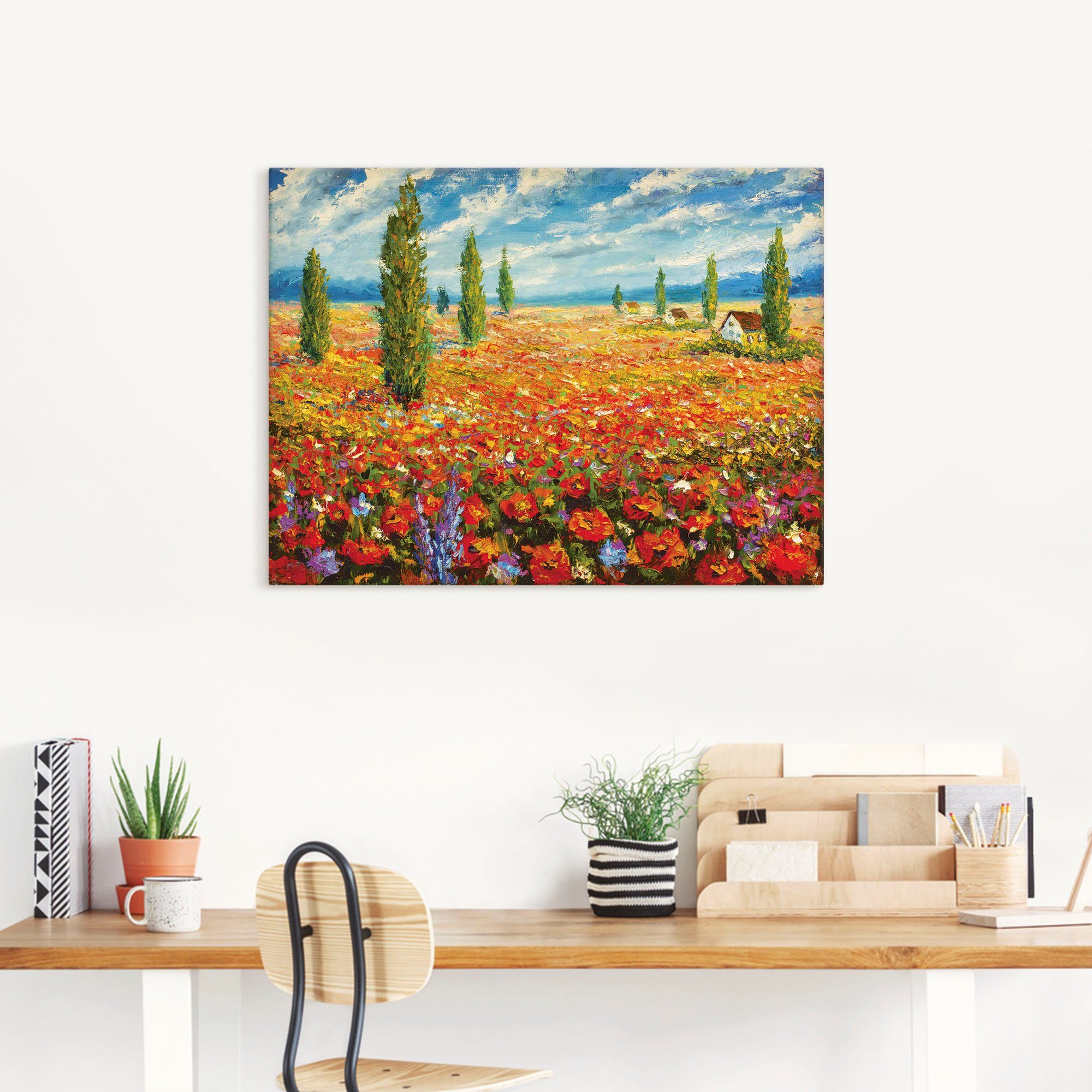 Artland Leinwandbild Mohnblumenwiese, Blumenwiese (1 St), auf Holzrahmen gespannt