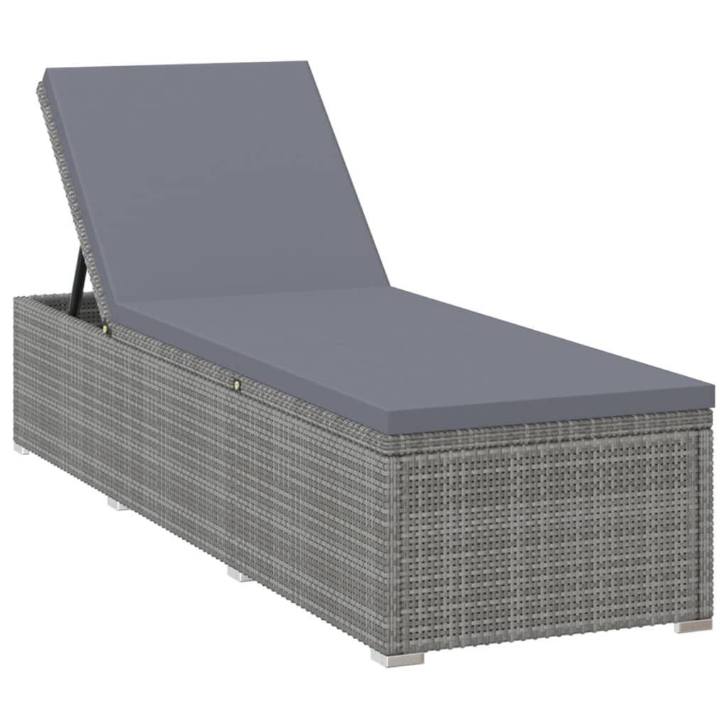 vidaXL Gartenliege Sonnenliege mit Auflage Poly Rattan Grau, 1 St.