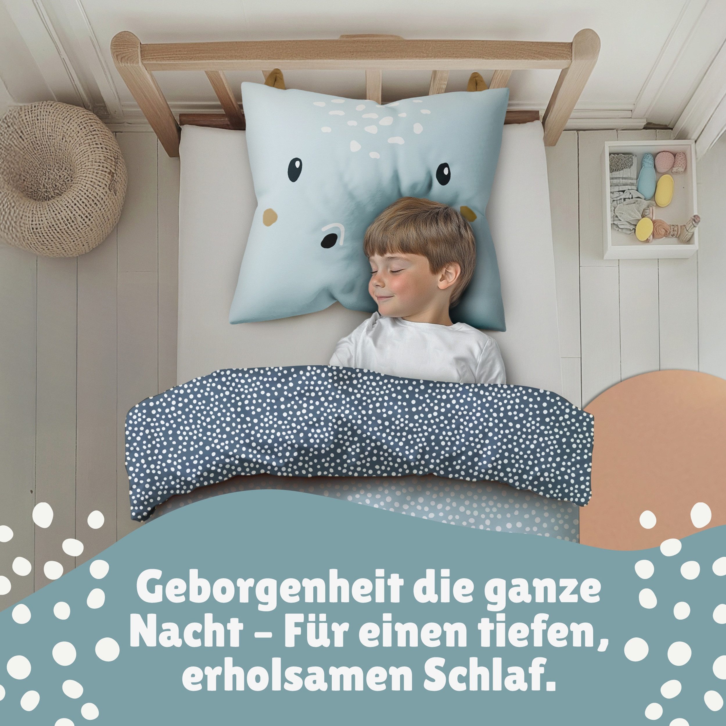Familando Kinderbettwäsche Hippo mit Ohren 135x200 80x80 cm aus 100% Baumwolle mit Reißverschluss, Renforcé, 2 teilig, mit lustigen Ohren am Kopfkissen