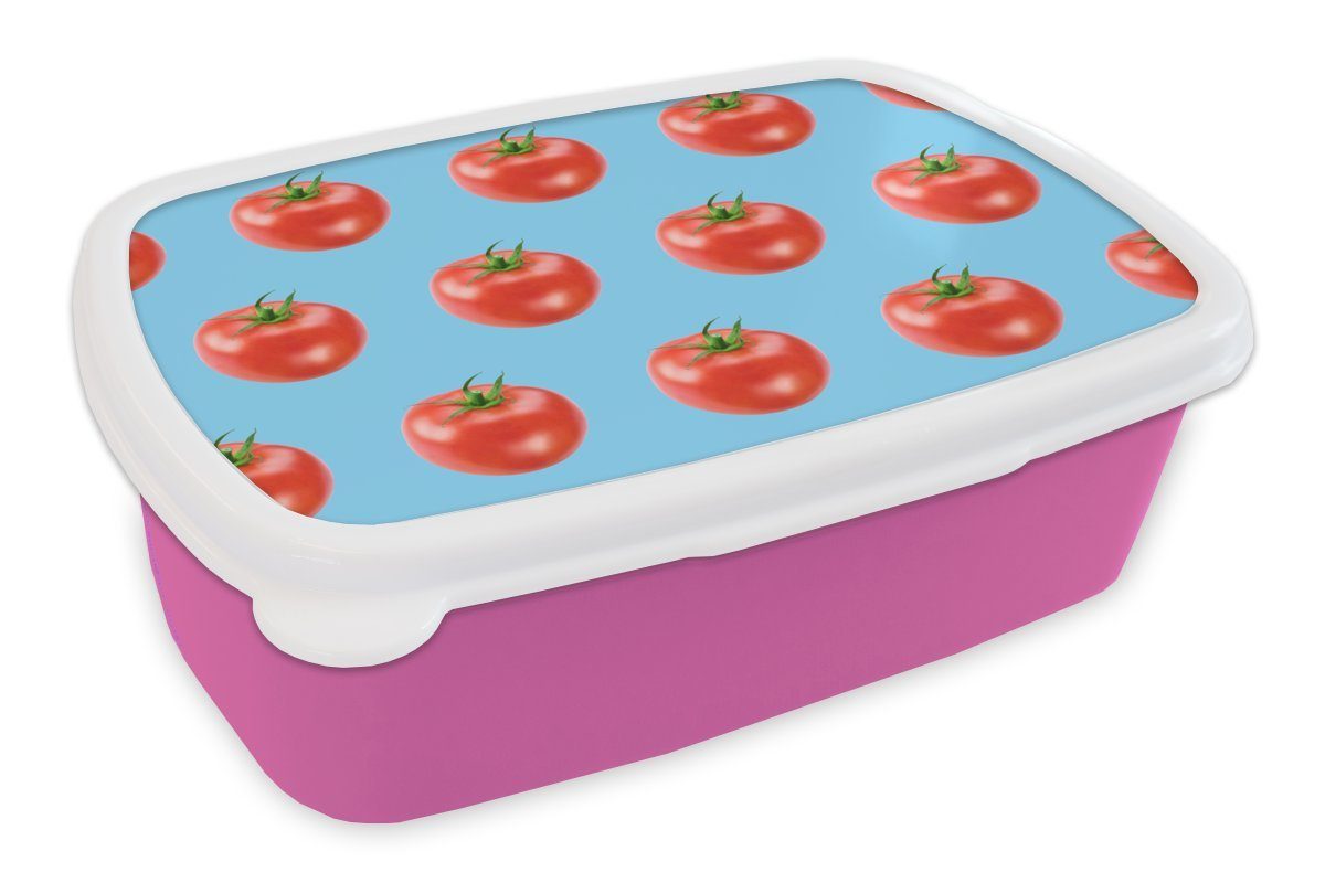 MuchoWow Lunchbox Tomaten - Gemüse - Blau, Kunststoff, (2-tlg), Brotbox für Erwachsene, Brotdose Kinder, Snackbox, Mädchen, Kunststoff rosa