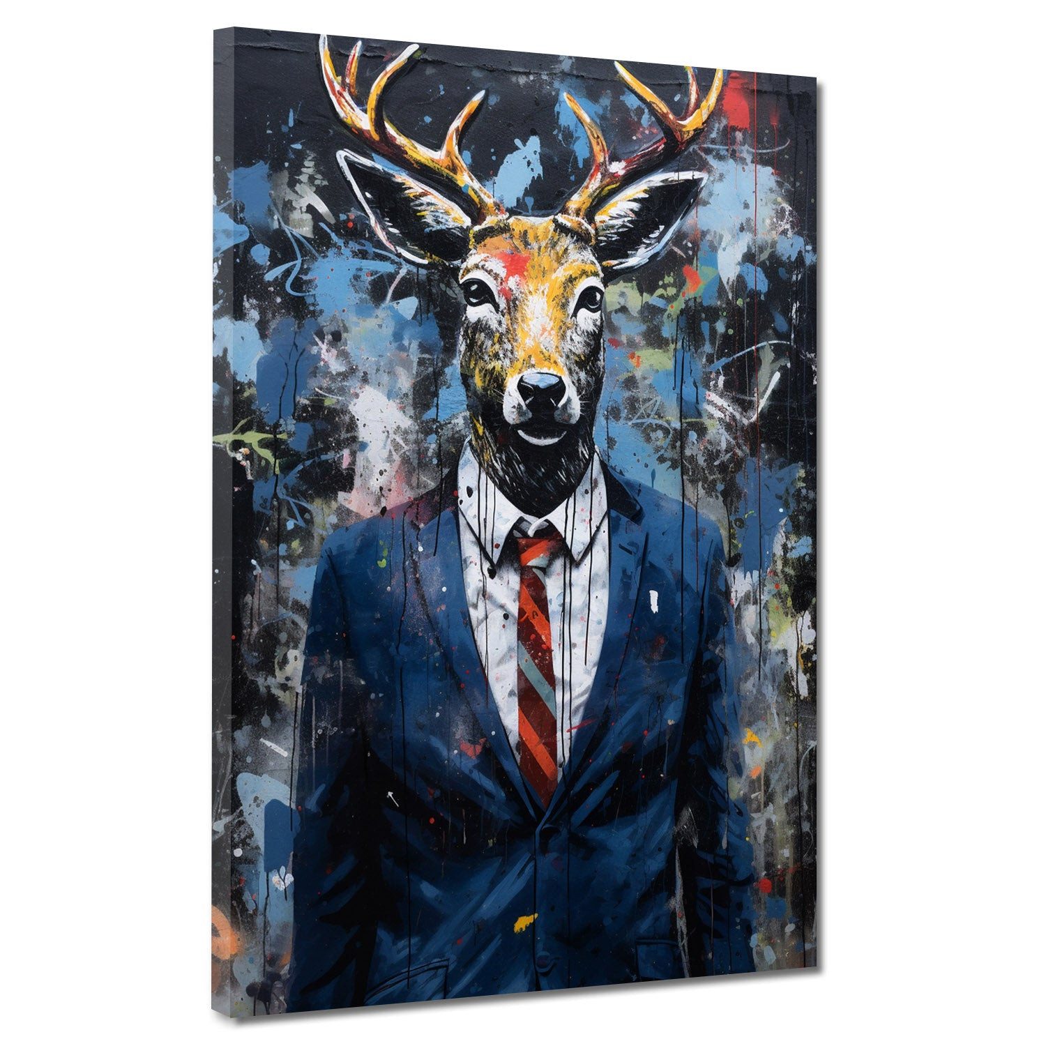 Artedinoi Leinwandbild Hirsch im Anzug Pop Art Leinwandbild Wandbild Kunstdruck XL Deko