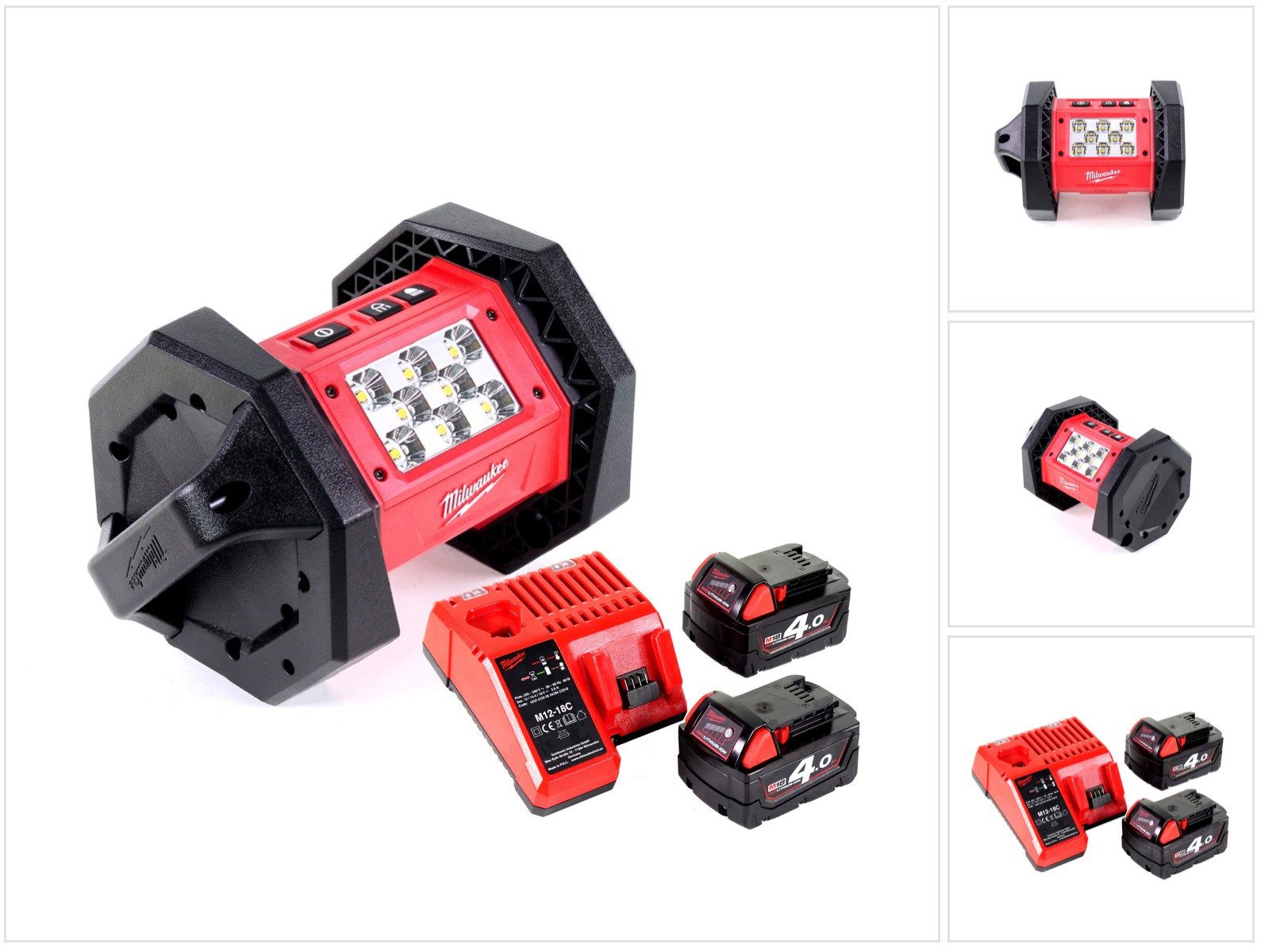 Milwaukee Baustrahler M18 AL-402C Akku LED Flutstrahler mit 1100 Lumen + 2x 4,0 Ah Akku + U