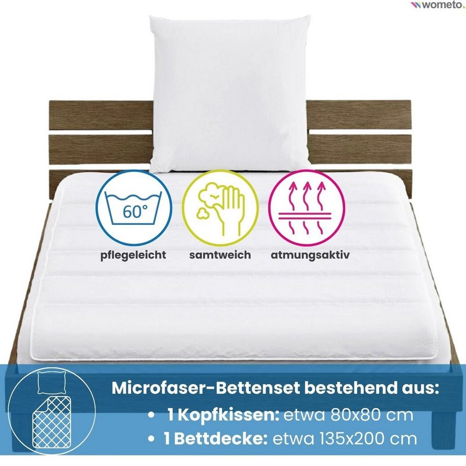 Kopfkissen 2er Basic + und wometo (Bettenset), Set Bettdecke Kopfkissen, Microfaserbettdecke