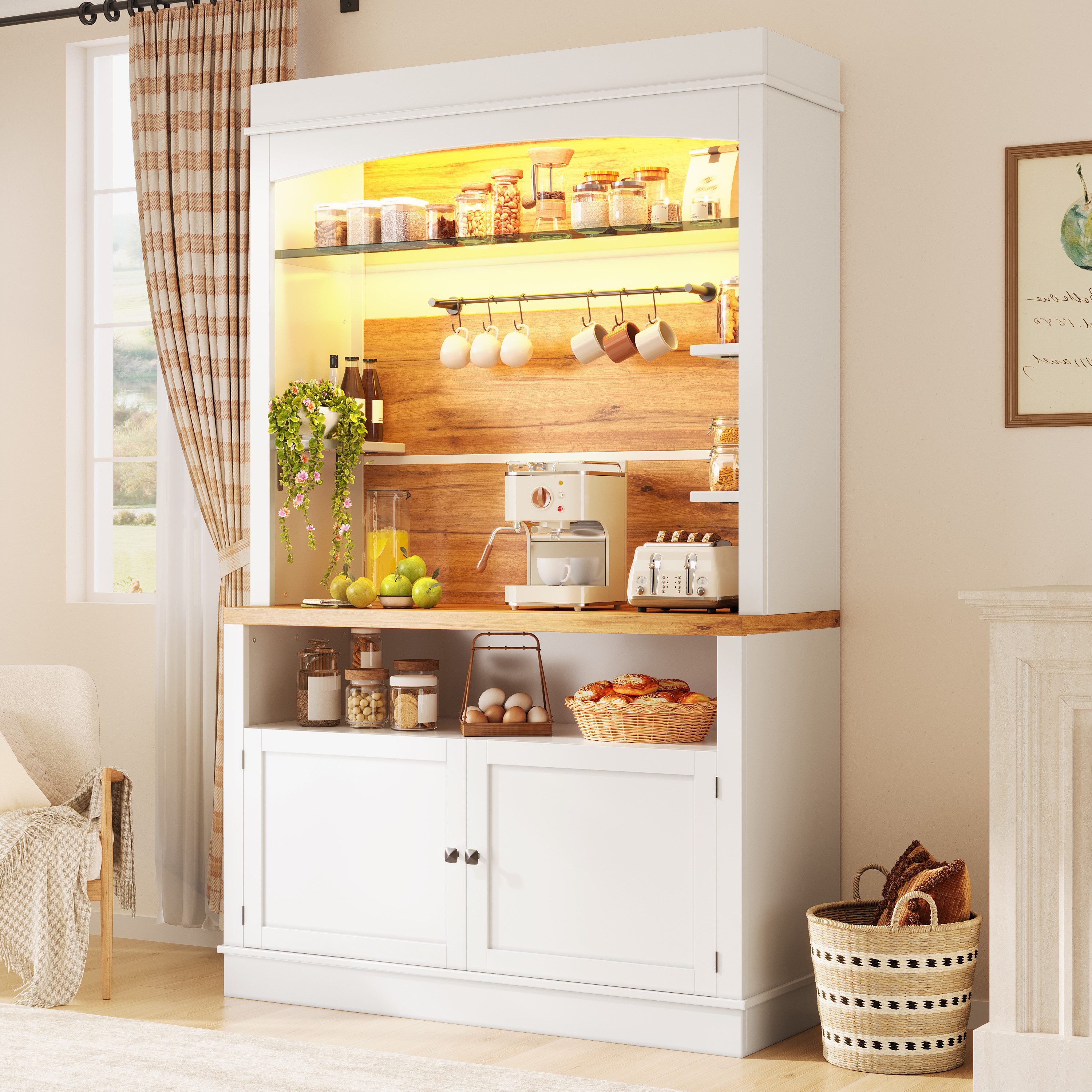 Flieks Küchenbuffet mit LED-Beleuchtung, Gläserhalter und Ablagen (1-St., 107x43x184 cm) Hochschrank Küchenschrank Buffetschrank mit Stauraum Weiß