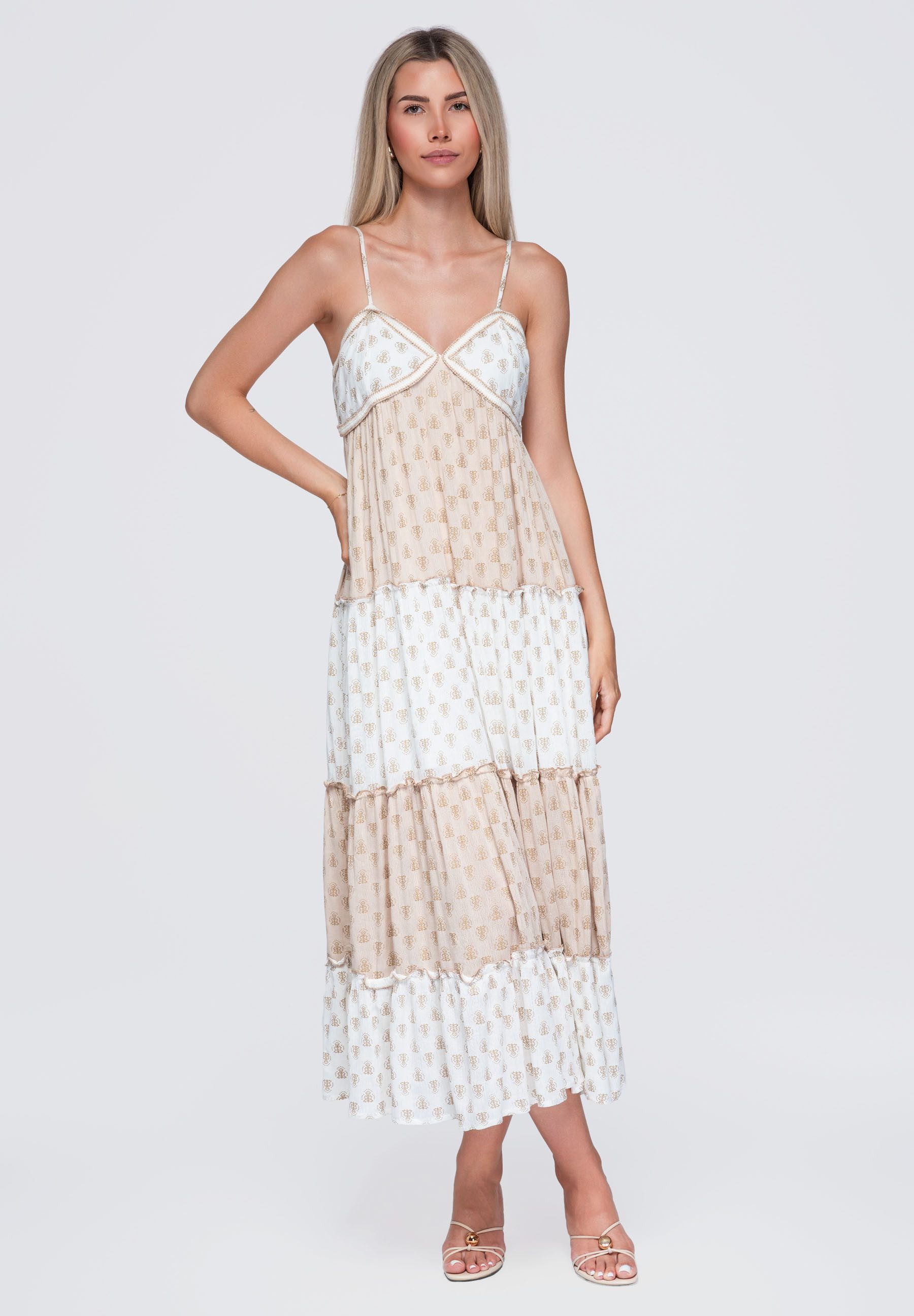 OMBRE Maxikleid Damen Maxikleid mit V-Ausschnitt und Rüschen Beige S (kein Set, 1-tlg) maxi Länge