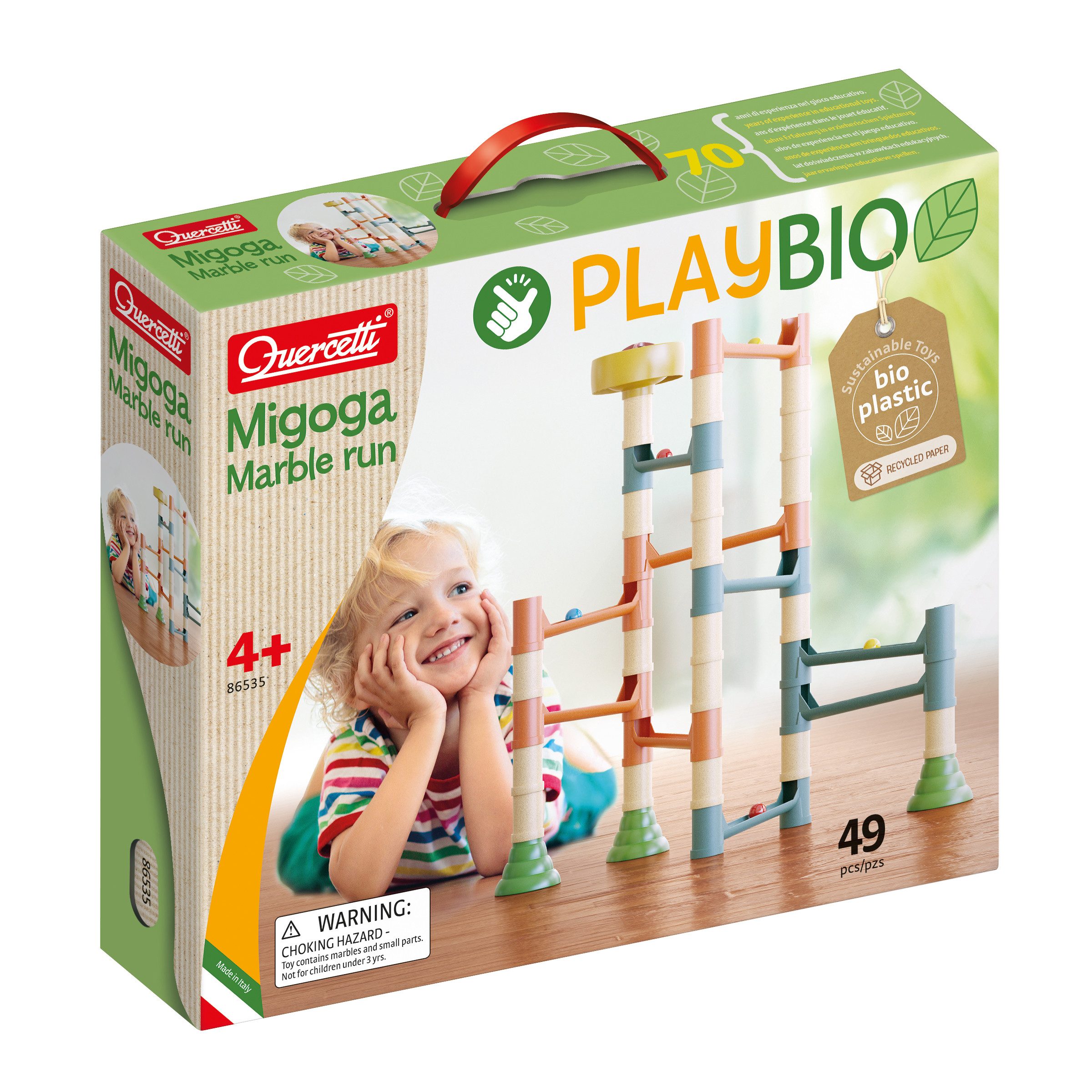 Quercetti Kugelbahn PlayBio Migoga Run Kugelbahn aus Biokunststoff (49 Teile), (49-tlg), einfache Handhabung, Bio-Plastik