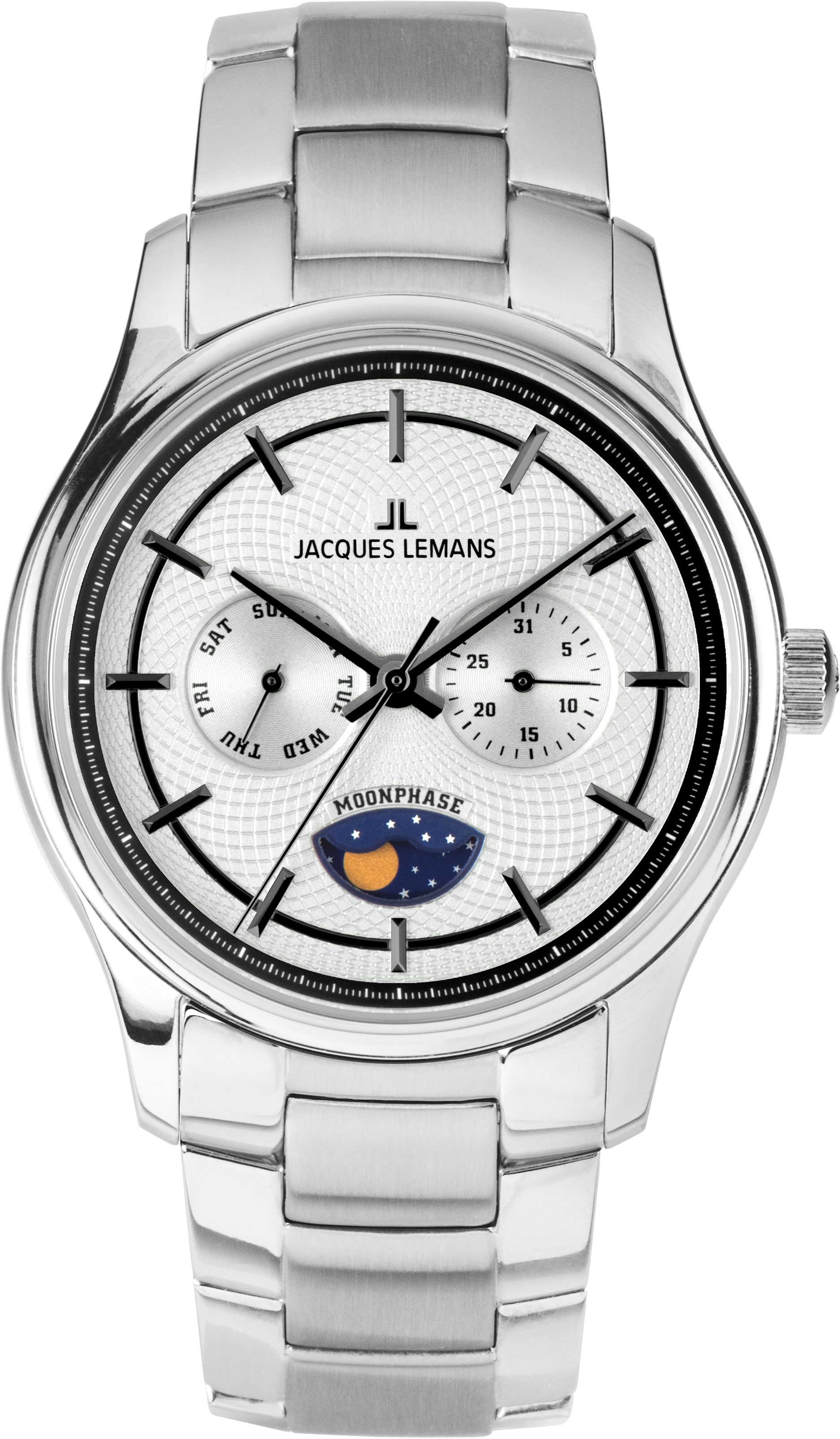 Jacques Lemans Quarzuhr Derby 1-2213J, Armbanduhr, Herrenuhr, Edelstahlarmband, analog, Wochentag, Mondphase