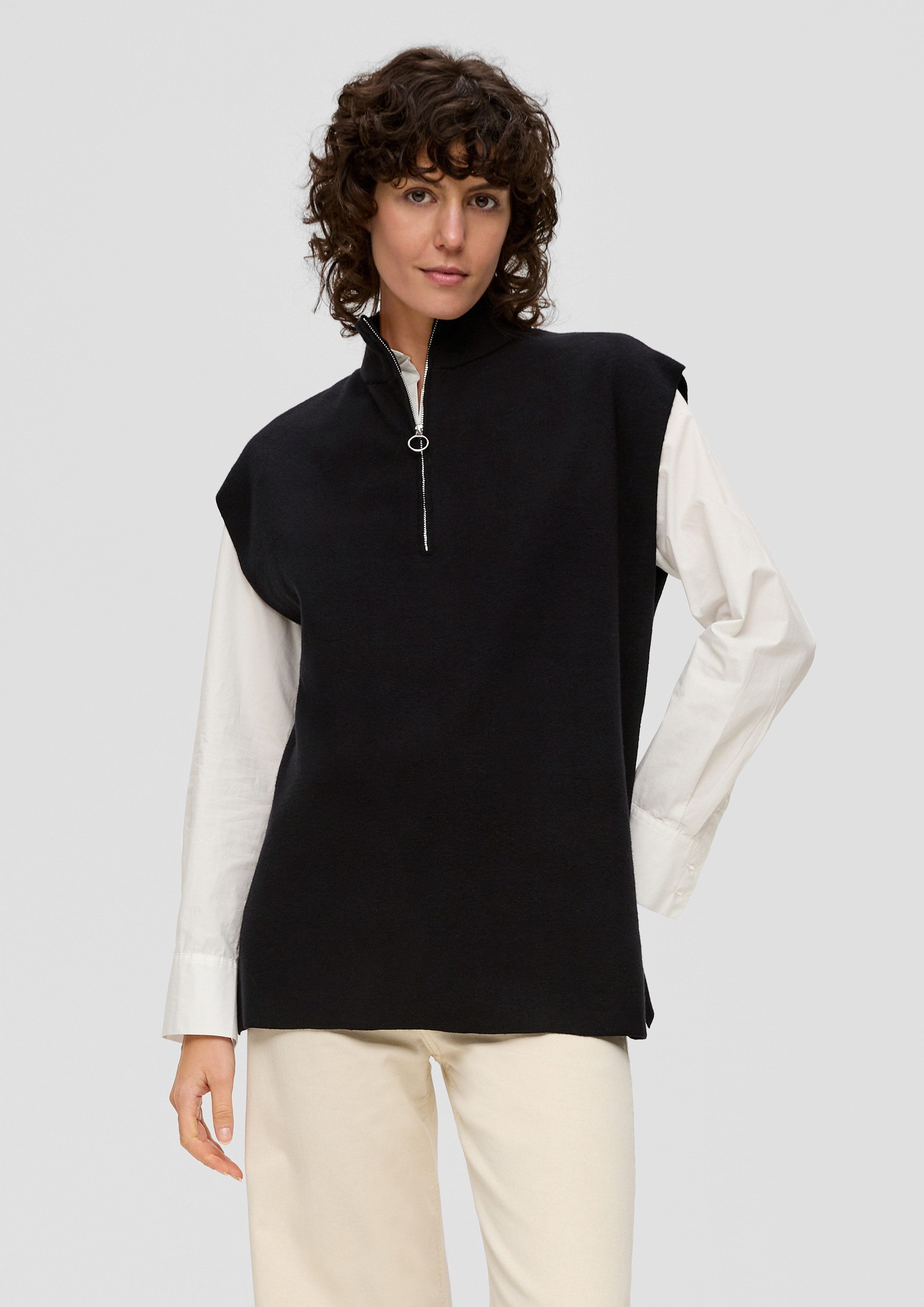 s.Oliver Kurzarmpullover Strickpullover Strickpullunder mit seitlich geschlitzem Saum