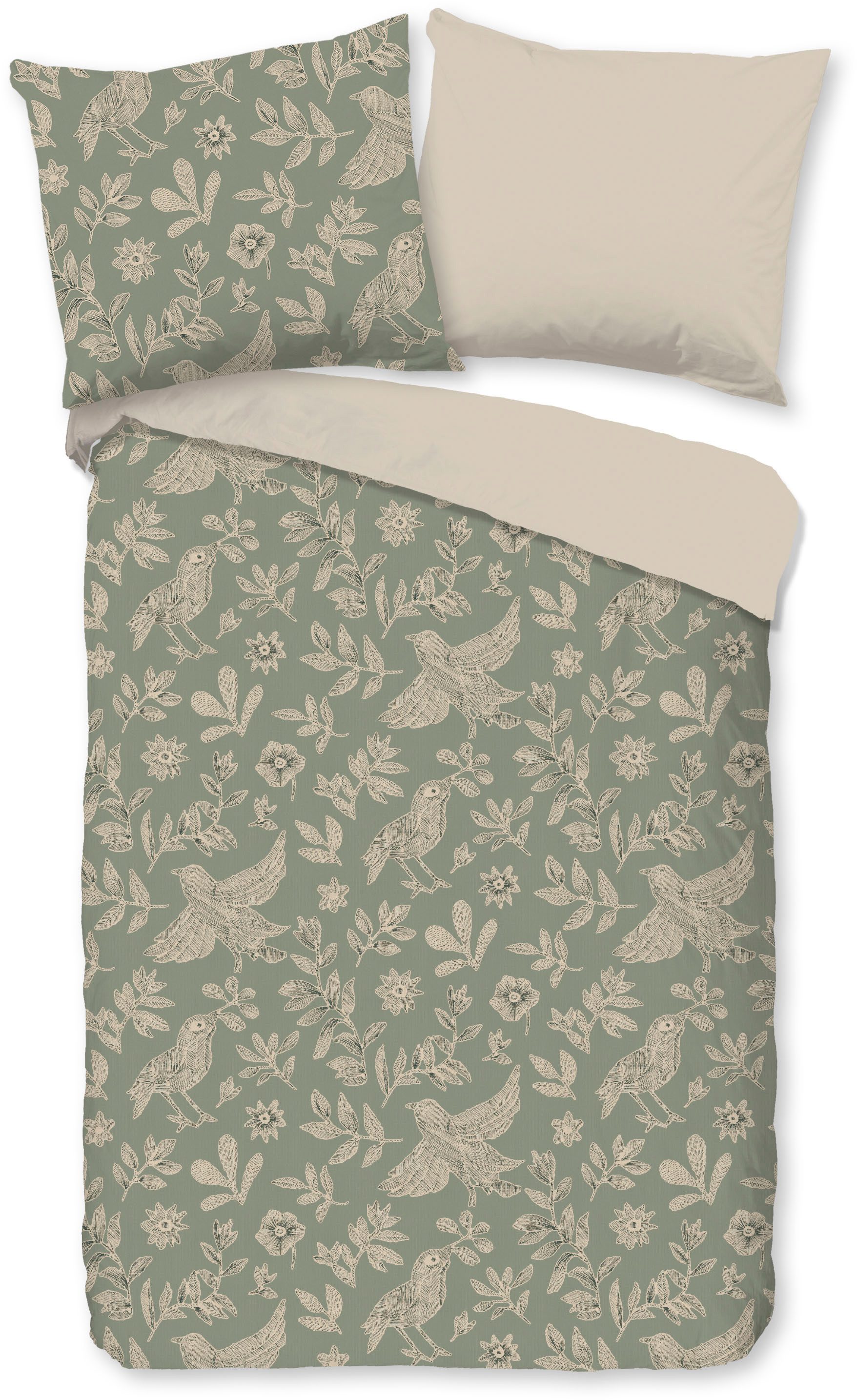 good morning Babybettwäsche Odette, Renforcé, 2 teilig, 100% Baumwolle, Renforcé, Reißverschluss, Wendeoptik, Blätter – Bild 2 von 5