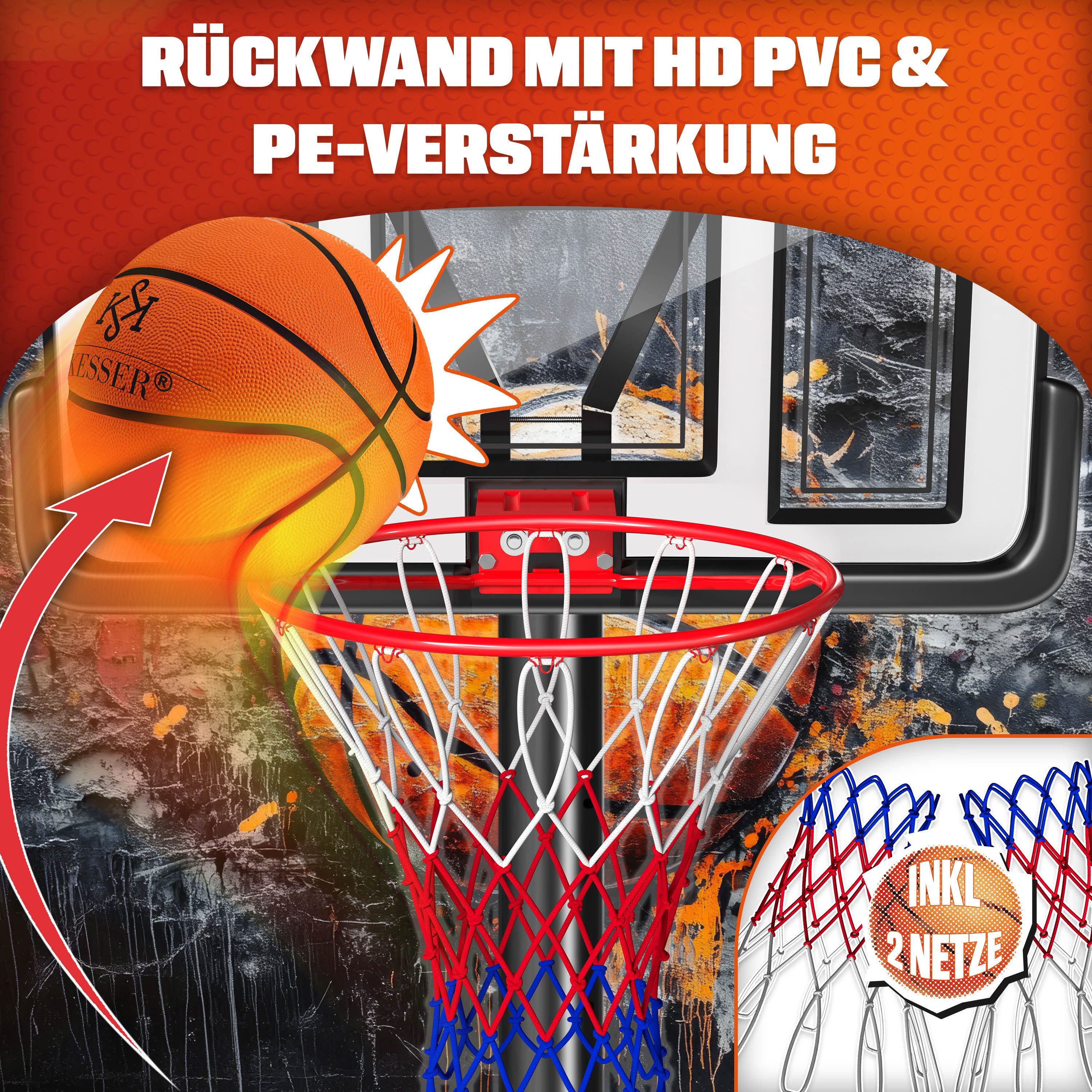 KESSER Basketballkorb 160-210cm Basketballständer Set mit Basketball, Pumpe & 2 Ersatznetzen, In- & Outdoor Basketballanlage mit Rollen für Kinder & Erwachsene – Bild 5 von 5