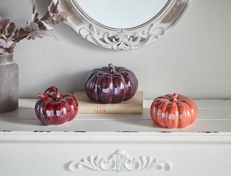 Home-trends24.de Dekofigur Kürbis Herbst Deko Figur Pumpkin Halloween Porzellan Kürbisse 3er Set