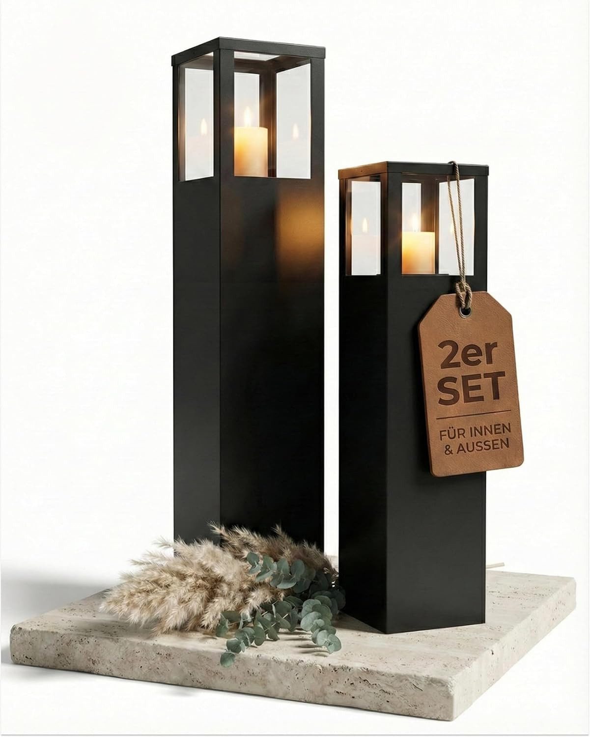 Bentson Windlicht Windlichtsäule 2er Set, 75cm + 95cm (2 Windlichtsäulen unterschiedliche Höhen 75 & 95cm, 2 St., Outdoor Garten-/Balkondeko), Erhältlich in Schwarz & Rost-Design