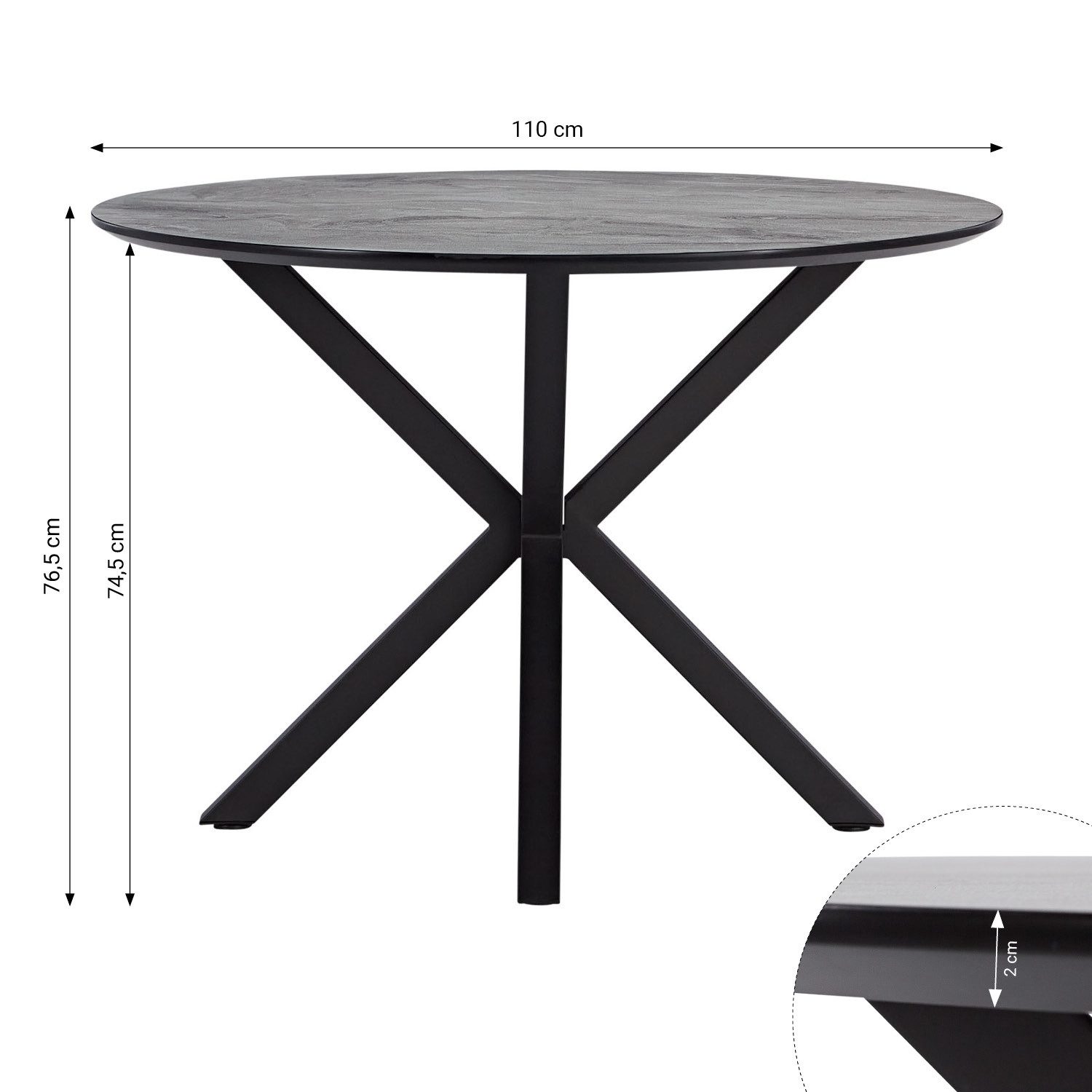 Homestyle4u Essgruppe 5tlg rund Ø110 4 Polsterstühle grau Metallgestell Melamin Steinoptik, spritzwasserfest