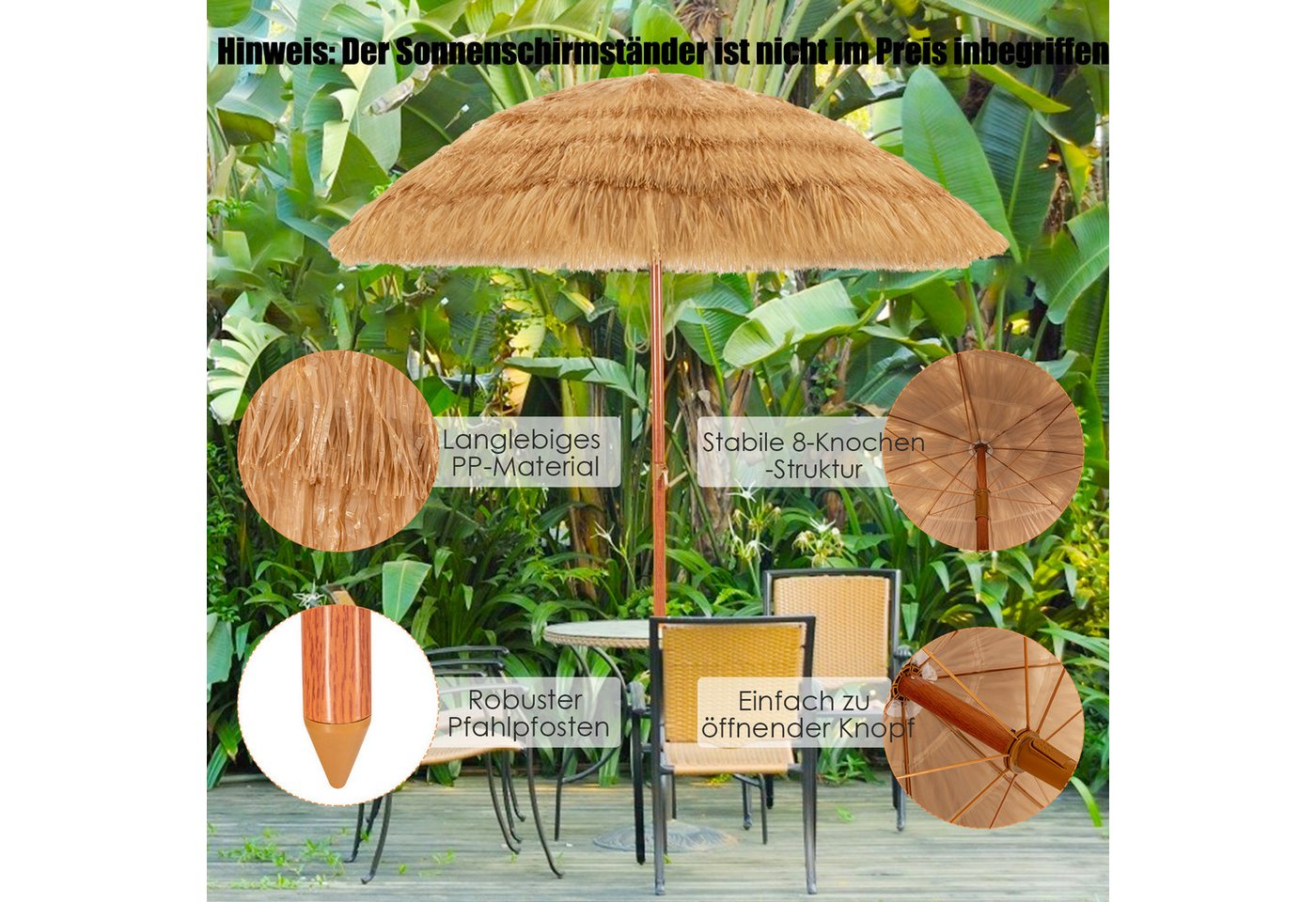 Thumbnail - COSTWAY Sonnenschirm, LxB: 175,00x175,00 cm, Strandschirm Reisstroh neigbar