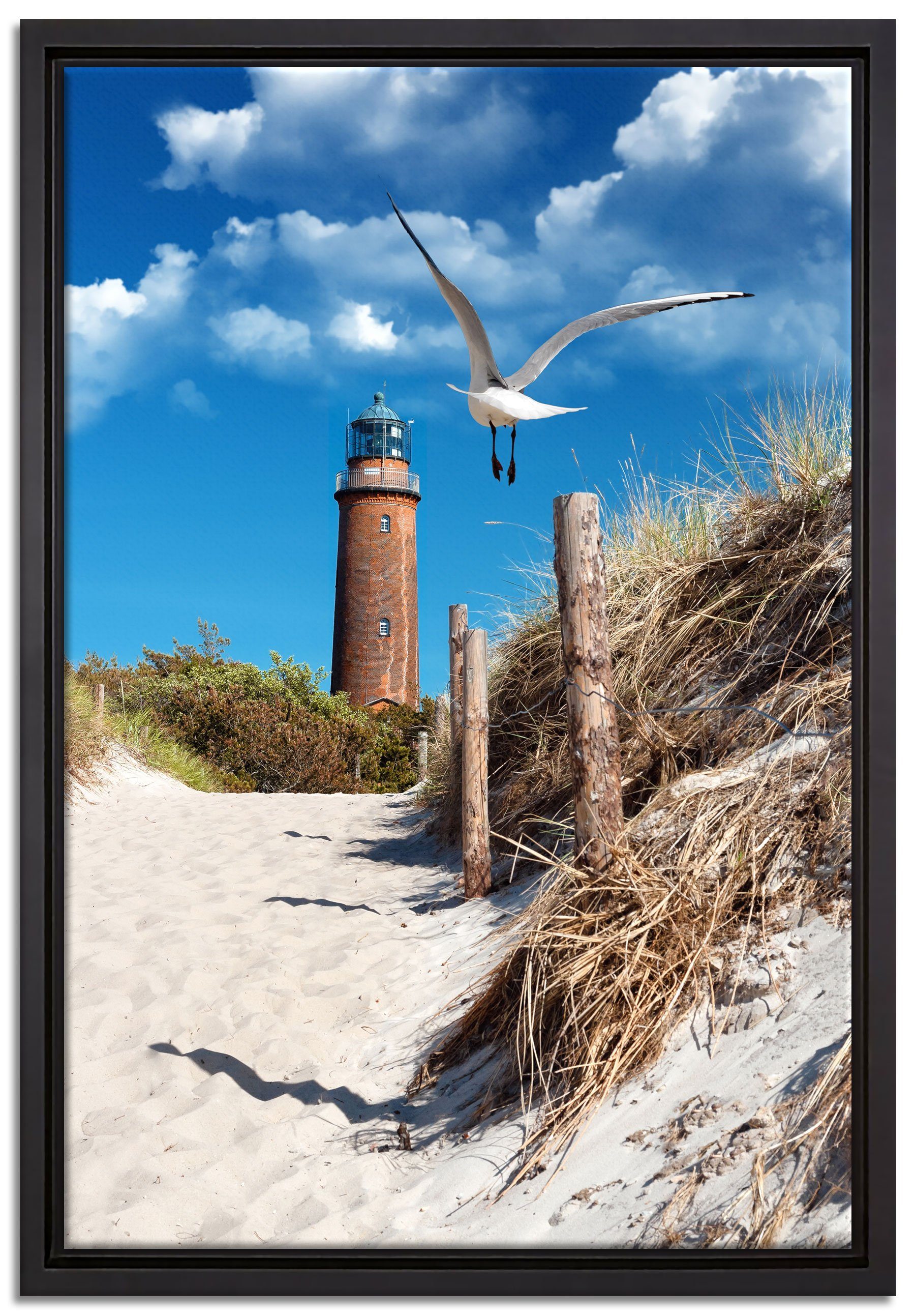 Pixxprint Leinwandbild Schöner Leuchtturm am Strand, Wanddekoration (1 St), Leinwandbild fertig bespannt, in einem Schattenfugen-Bilderrahmen gefasst, inkl. Zackenaufhänger