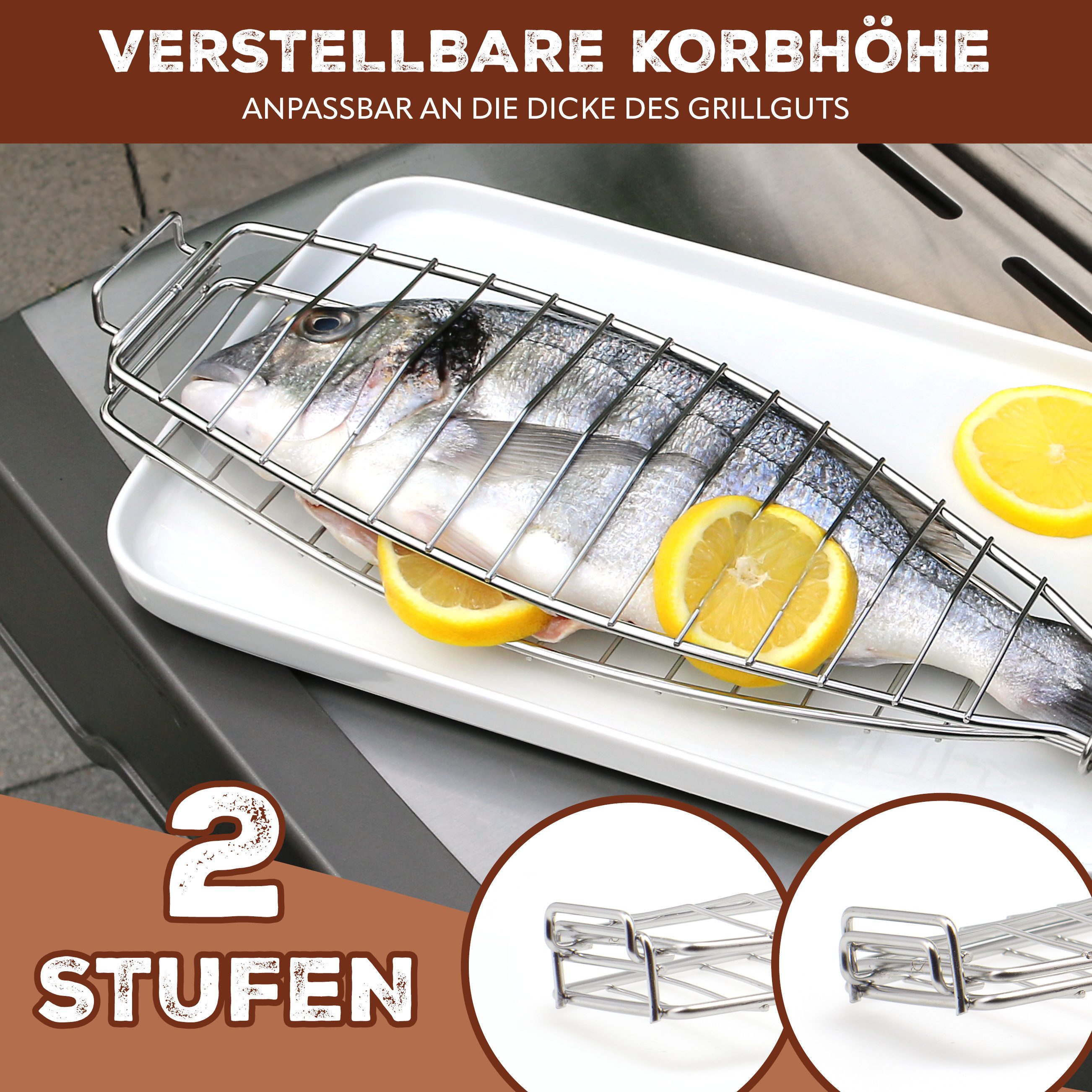 bremermann Grillguthalter Fisch-Grillhalter 4er Set Fischhalter, Fischgriller, Fischbräter, Edelstahl, Kunststoff, (4-St), für Fische bis ca. 30 cm Länge – Bild 4 von 5