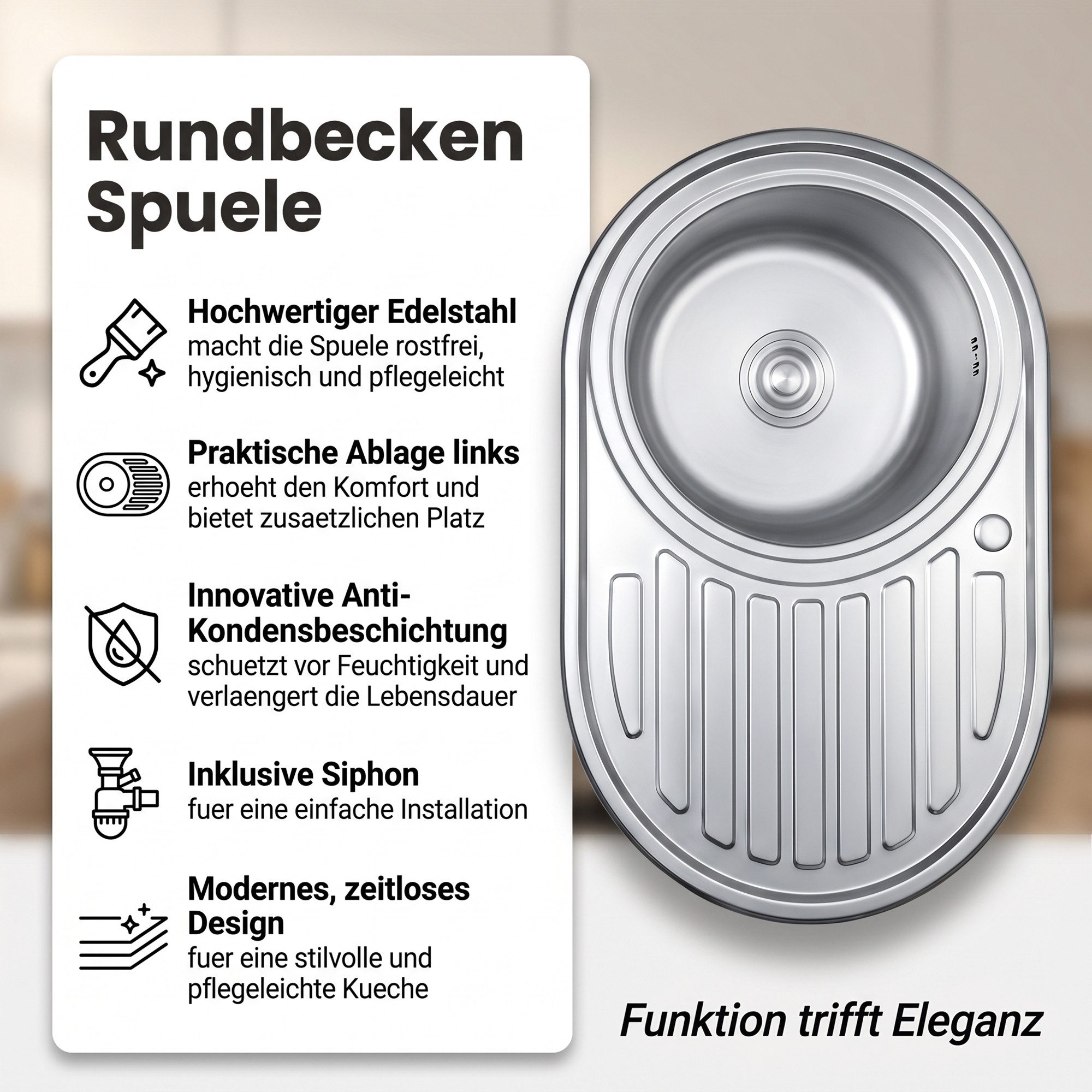 Mucola Edelstahlspüle Einbauspüle 77x50CM rund aus Edelstahl Ablage - links Spülbecken spüle, oval, 77/50 cm, (Stück, 1 x Rundbecken Spüle mit Ablage - Links in – Bild 2 von 5