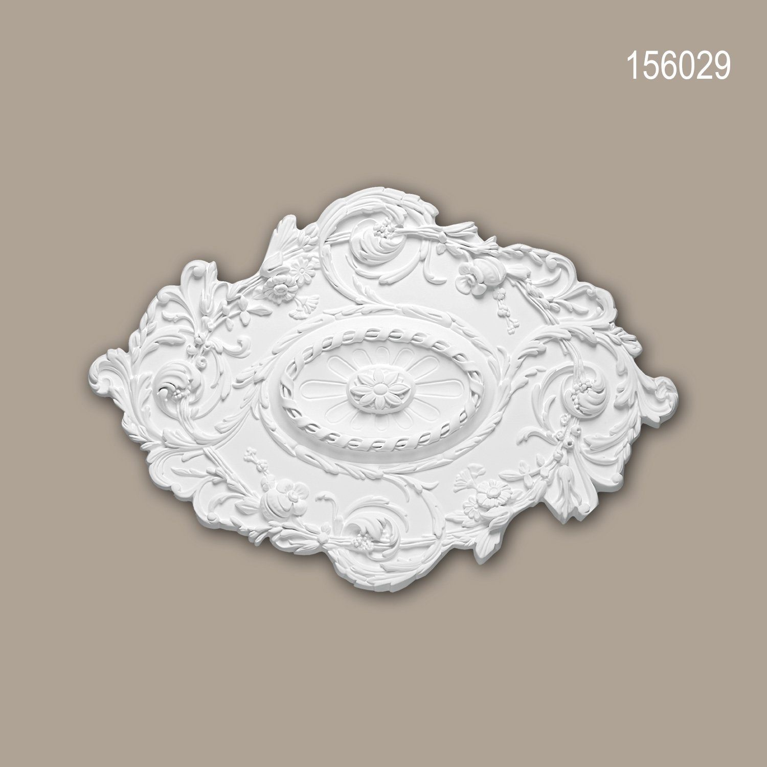 Profhome Decken-Rosette 156029 Rosette aus Polyurethan Deckenrosette Medaillon 76,7 x 53,2 cm (Rosette, 1 St., Deckenrosette, Medallion, Stuckrosette, Deckenelement, Zierelement), weiß, vorgrundiert, Stil: Rokoko / Barock