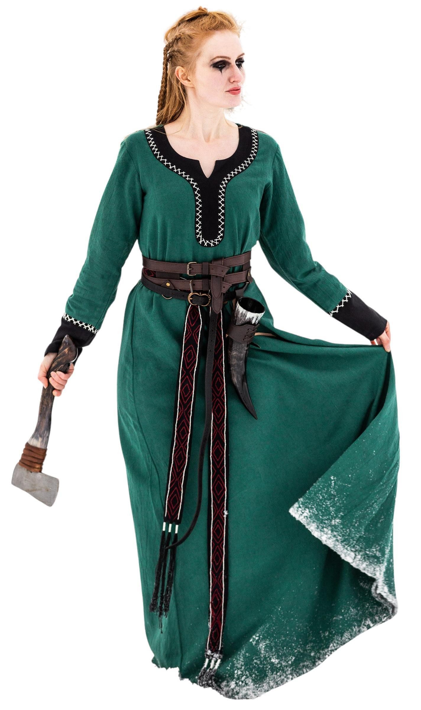 Leonardo Carbone Wikinger-Kostüm Kleid "Freya" mit Handstickerei, zweifarbiges Design, hochwertige Baumwolle