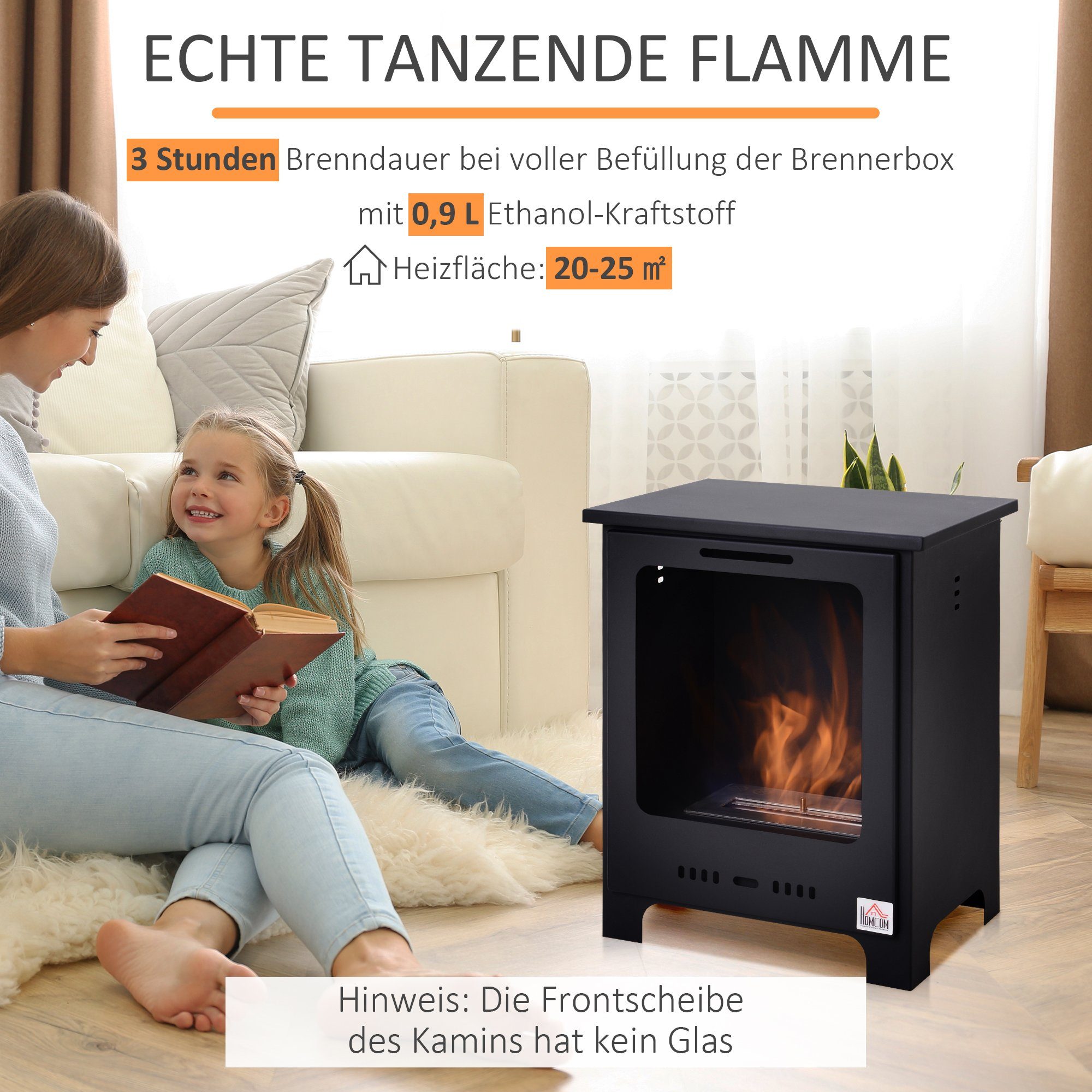 HOMCOM Echtfeuer-Dekokamin Ethanol-Kamin, Bio-Ethanol-Brenner, 40 x 30 x 50 cm, Schwarz – Bild 4 von 5
