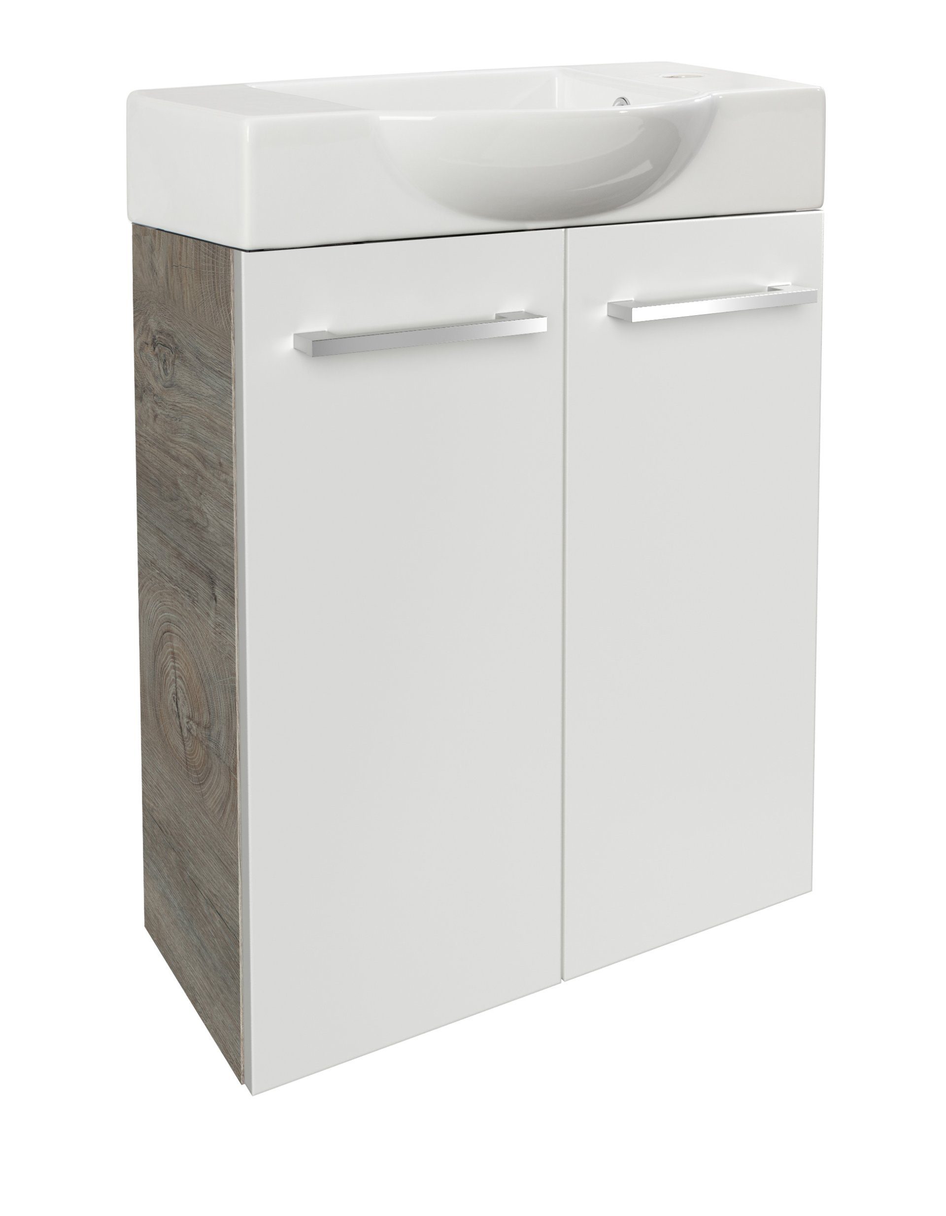 FACKELMANN Waschbecken SBC STANFORD Gäste WC Set 2-teilig 55cm, Becken mit Unterschrank Braun