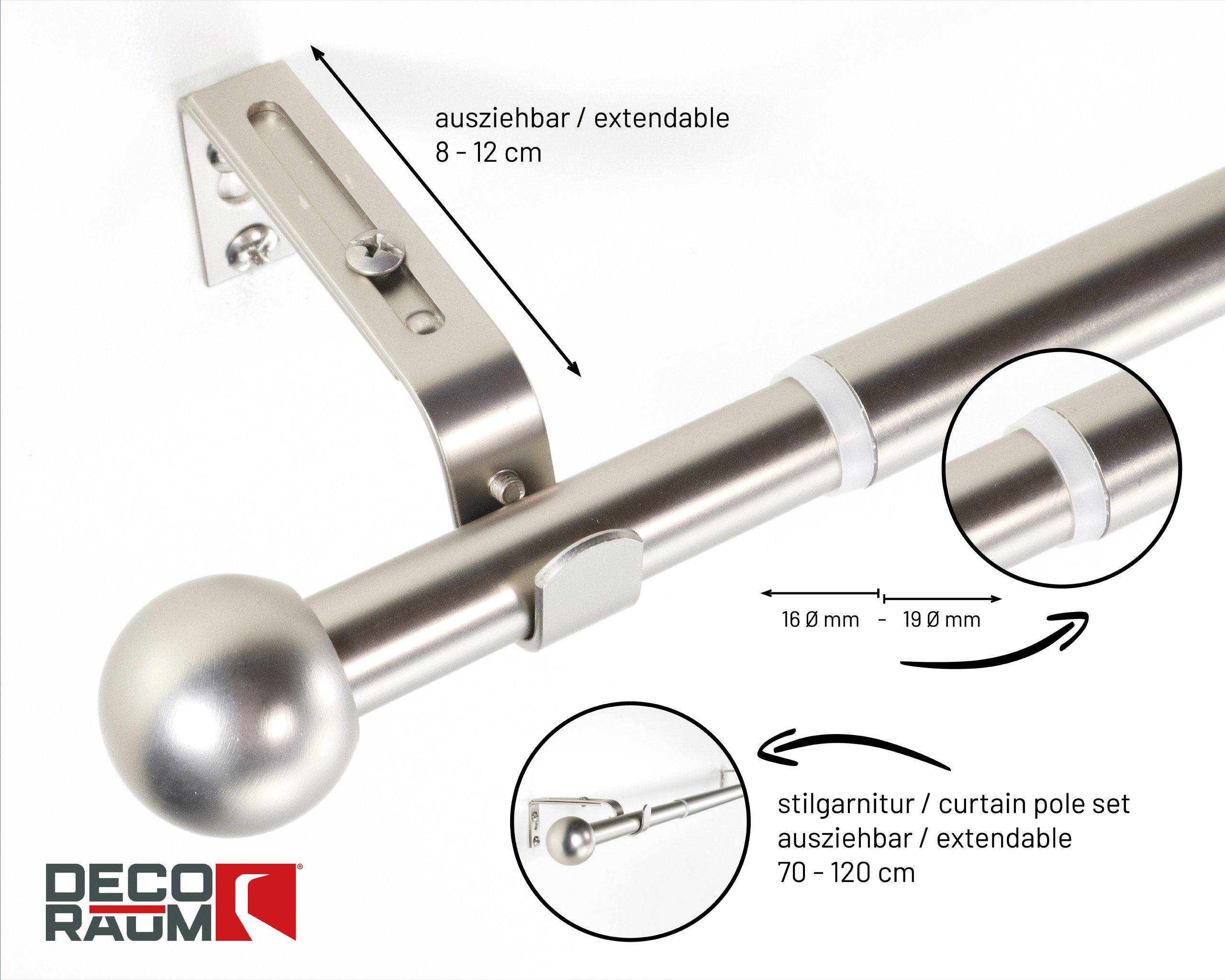 Deco-Raum Gardinenstange Flexa Stilgarnitur Set ausziehbar, Ø 19 mm, 1-läufig, ausziehbar, Wandmontage, verschraubt, Metall, perfekt für Dekoschals Gardinen