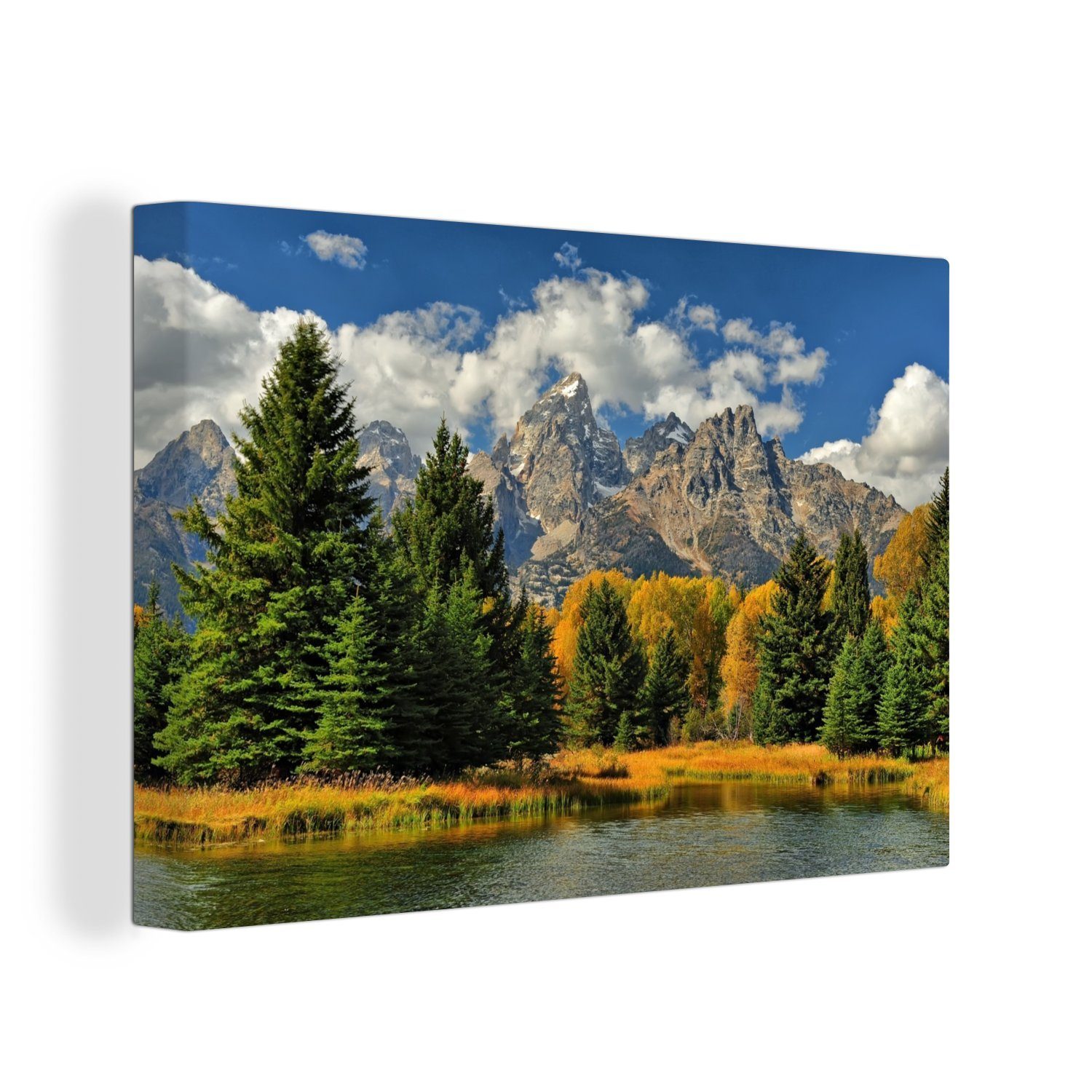 OneMillionCanvasses® Leinwandbild Waldlandschaft vor den Teton-Bergen im Herbst in Wyoming, (1 St), Wandbild Leinwandbilder, Aufhängefertig, Wanddeko, 30x20 cm