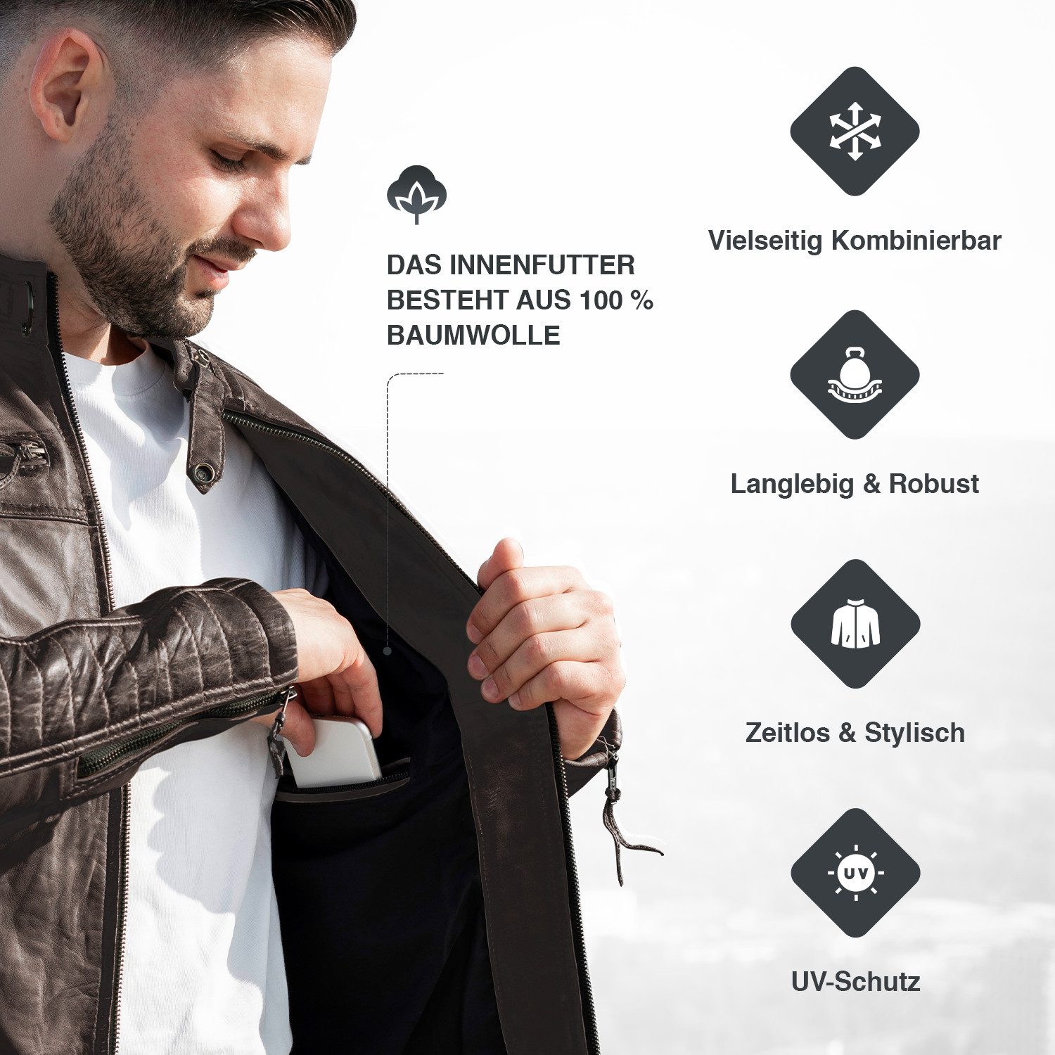 PAULGOS Lederjacke Herren Jacke Übergangsjacke Biker Look 100% Echtleder D1 – Bild 5 von 5
